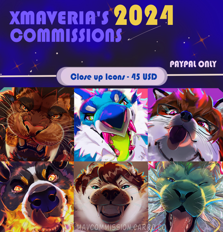 A post of anthro characters from saber tooth tigers to dragons, cats, and more all in a close up angle and having their snouts close to the viewers. Text says paypal only and the icons are priced 45 USD. A form can be filled in cardd for it