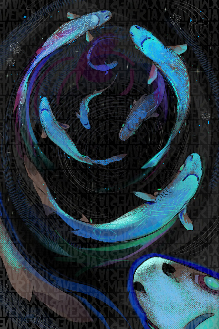 A piece of green lantern sharks swirling above the viewer in the ocean depths. They are glowing blue with their bio luminescence 