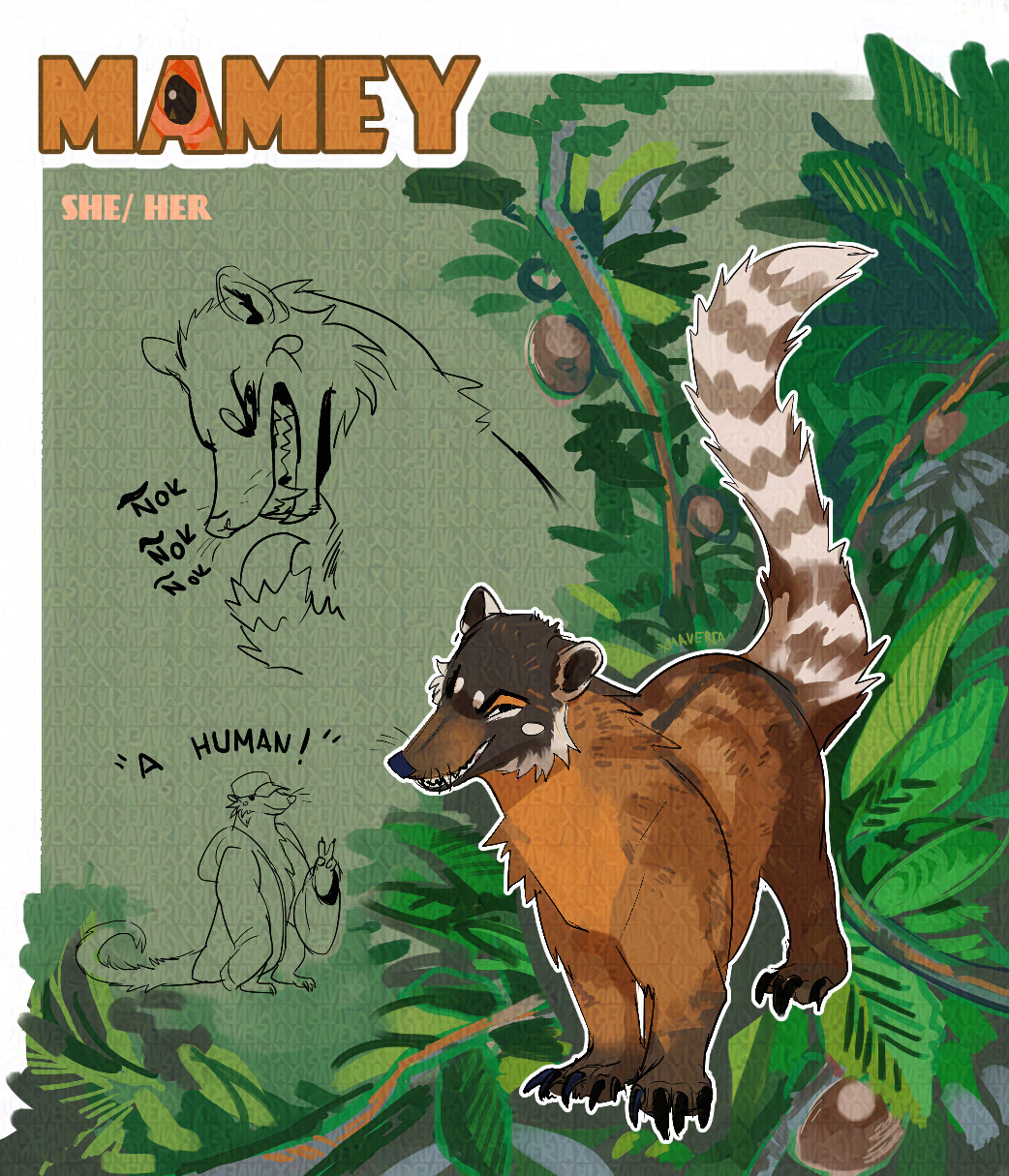 A dark brown chestnut haired coati with a vibrant orange underbelly. Her white tail is raised up and ringed by stripes. She is smirking and has a couple of white accents on her face.