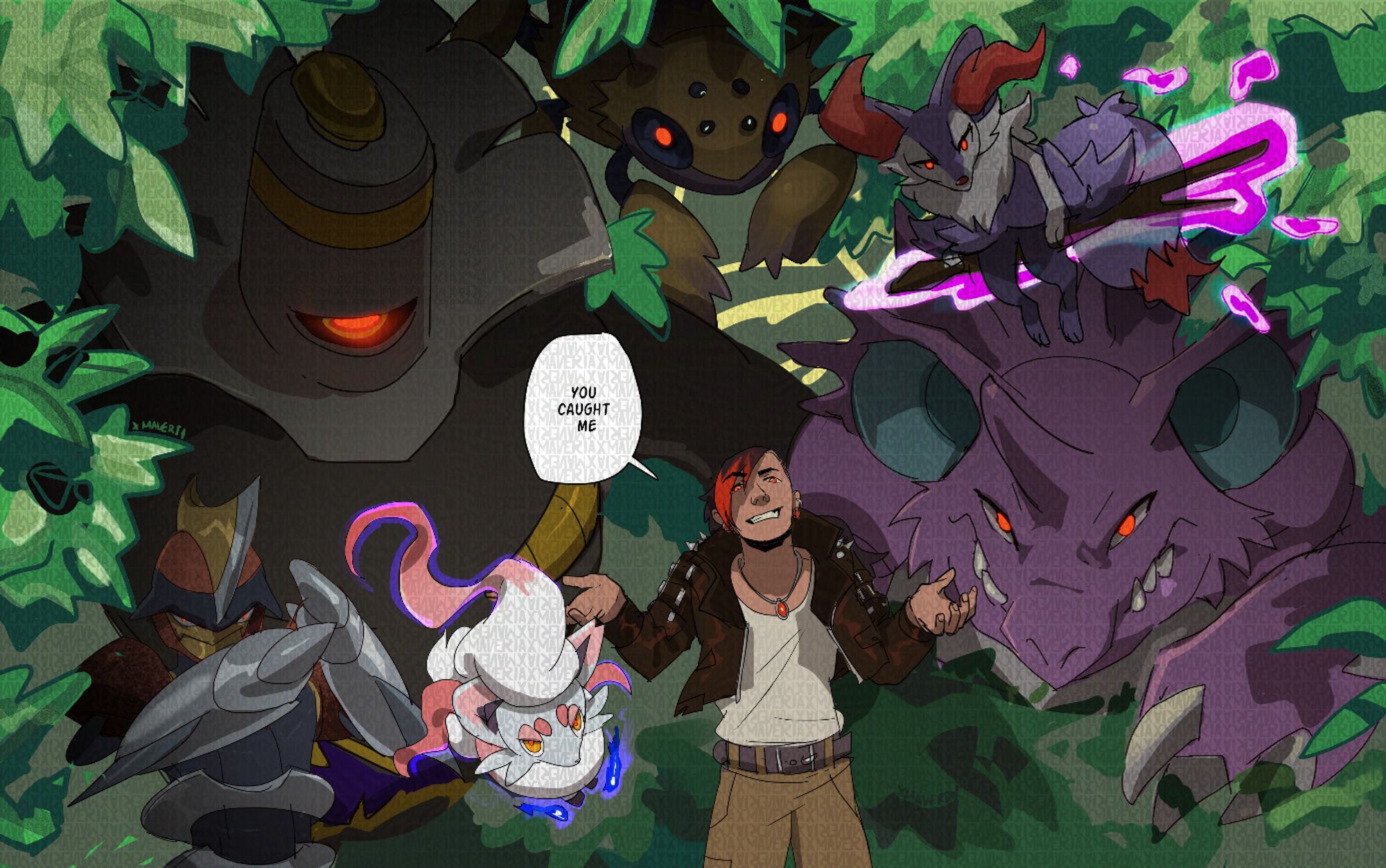 A foliage hides shadowed pokemon figures of Bisharp, Dusknoir,Garvantula, Braixen and Nidoking  with piercing red glares. The human trainer also matching with a red glare sporting a leather jacket and shrugging smugly. They are saying you caught me