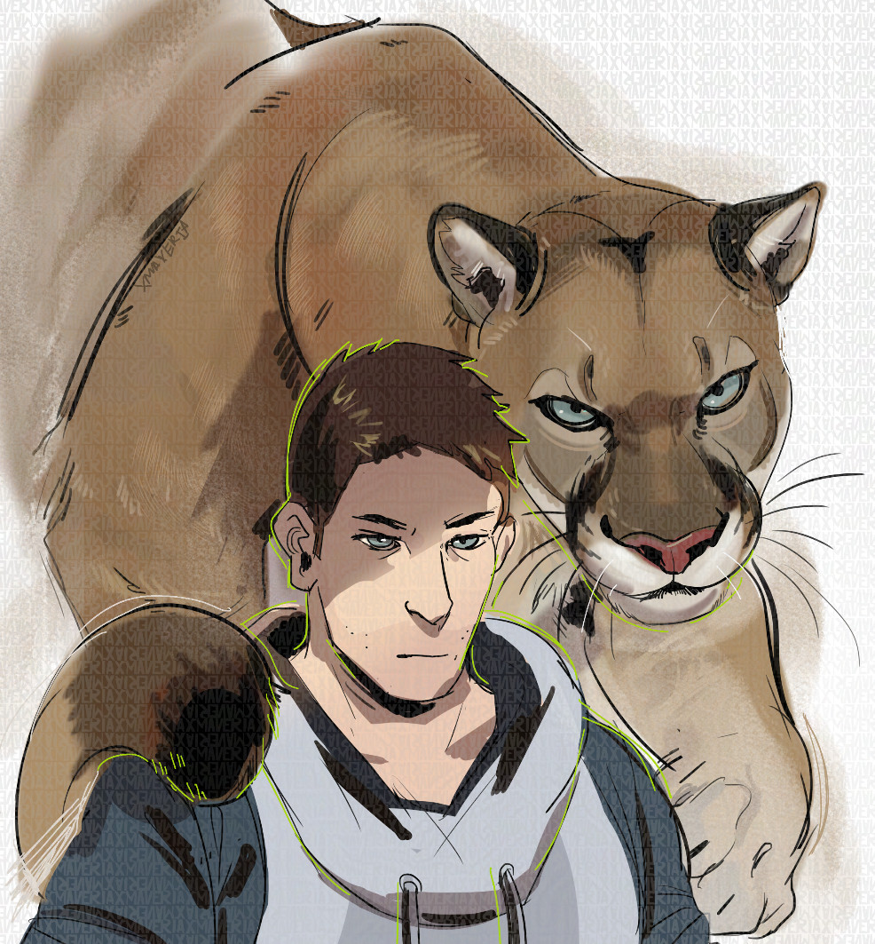 A young man with blue eyes and a blue gray sweater having a serious stare off into the distance. Behind him if a tawny deep bark brown Puma with blue eyes just as the man. The tail is wrapping around his shoulder