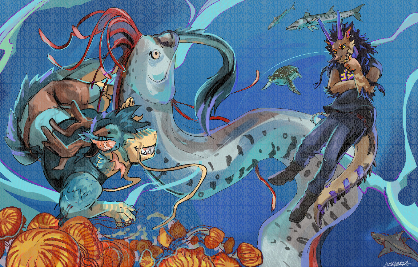 An underwater scene with two anthropomorphic dragons. One is a river dragon with shimmering blue tiel and creme scales swirling around an Oarfish. A group of pacific sea nettles are slowly floating by. The other space dragon on the opposite side is turning their head and pondering. Behind them are two barracudas and a green sea turtle