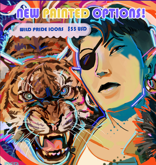 A grand icon of an Asian woman with an eye patch and short hair, she is staring off in the distance with an focused expression. A tiger with a scarred cataract eye is seen next to her snarling at the viewer. Text describes new painted option wild icons 55 USD. DM me if interested