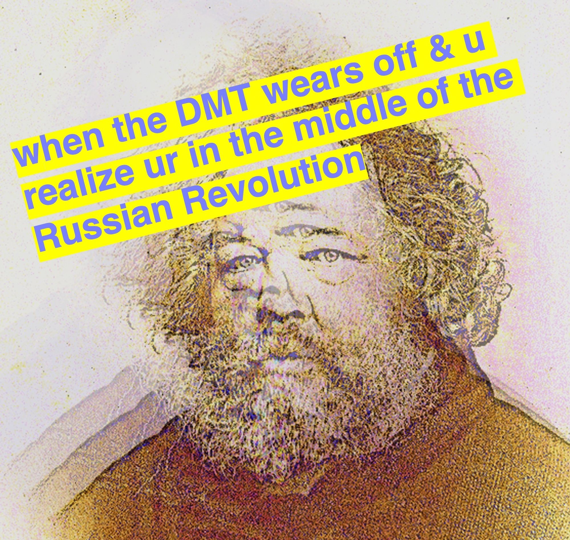 A psychedelic image of Mikhail Bakunin is shown; on top, in bright colored, bold Helvetica text: "when the DMT wears off & u realize ur in the middle of the Russian Revolution"