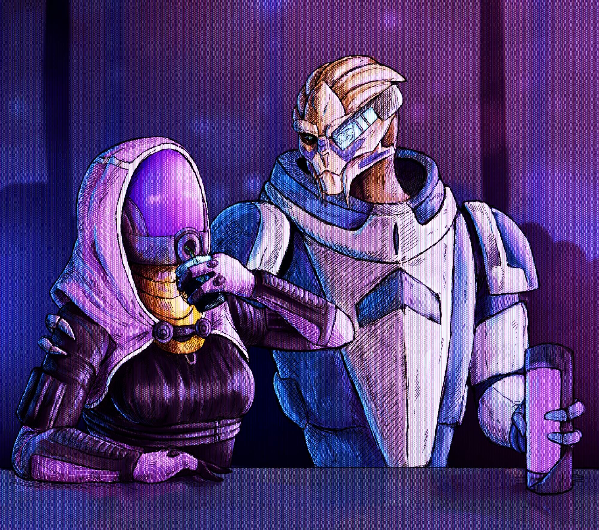 Tali and Garrus sitting at a bar sharing a drink together