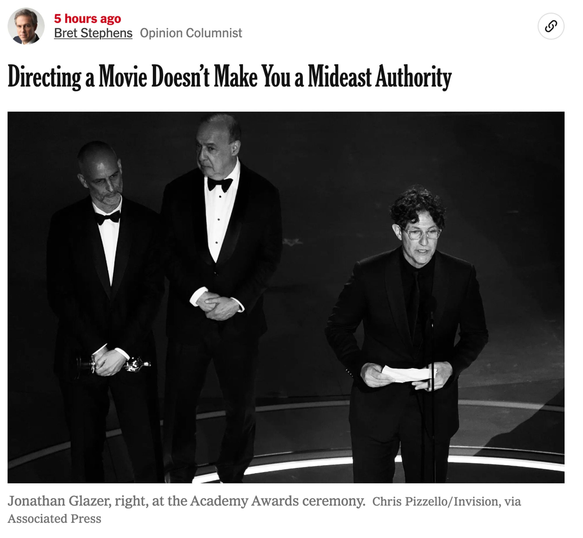 screenshot of bret stephens post: "directing a movie doesn't make you a mideast authority"