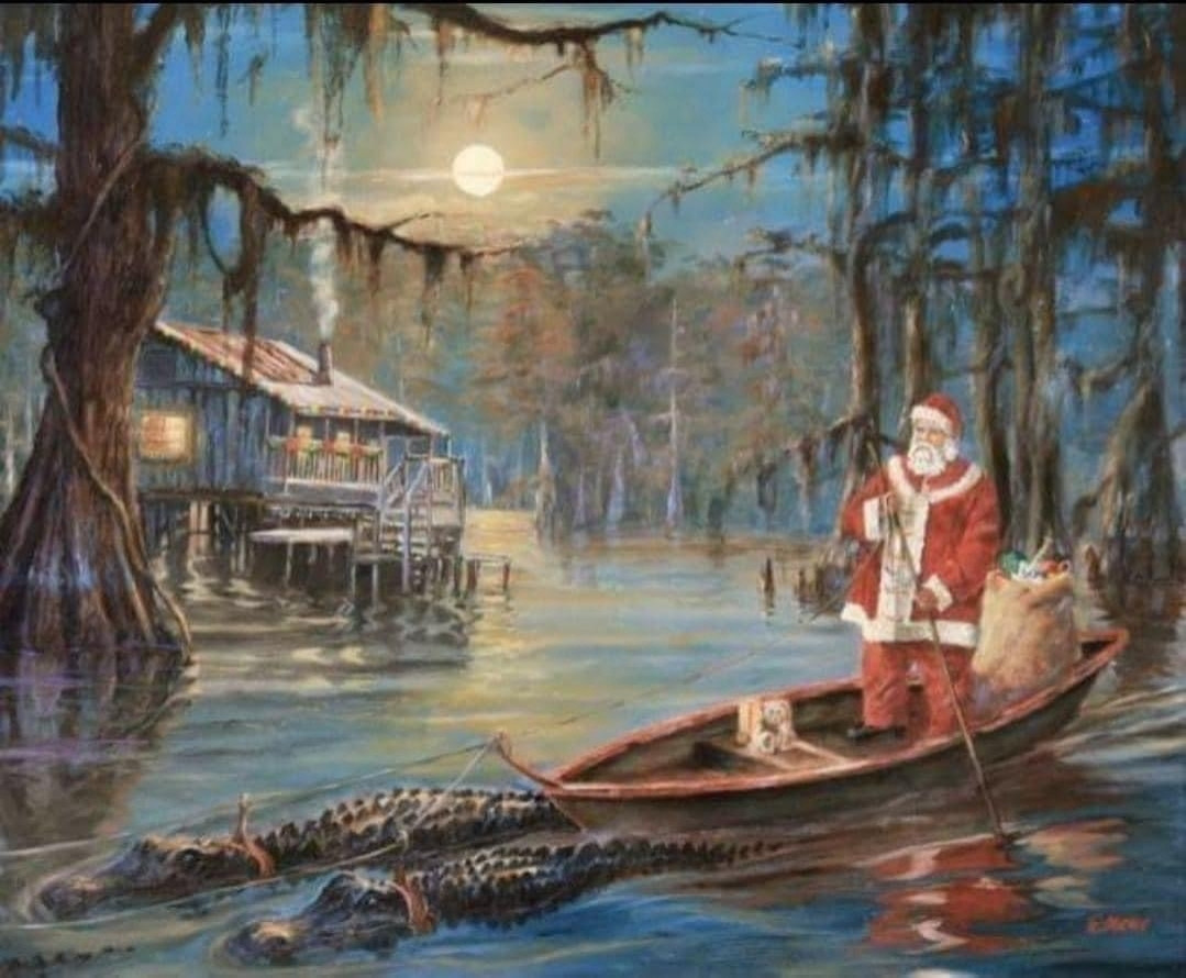 Santa in the swamp pirogue being pulled by alligators, a stilt house in the background, cypress trees rising out of the swamp all around.

Cover to 'The Cajun Night Before Christmas'