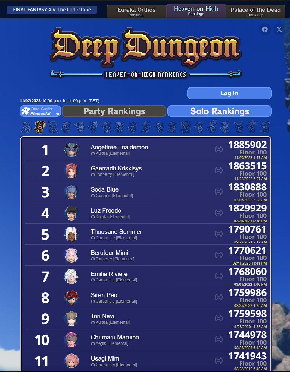 FFXIV Deep Dungeon Lodestone Rankings - Heaven on High Solo - Elemental Data Center - Warrior Solo leaderboards - Rank 1 Angelfree Trialdemon