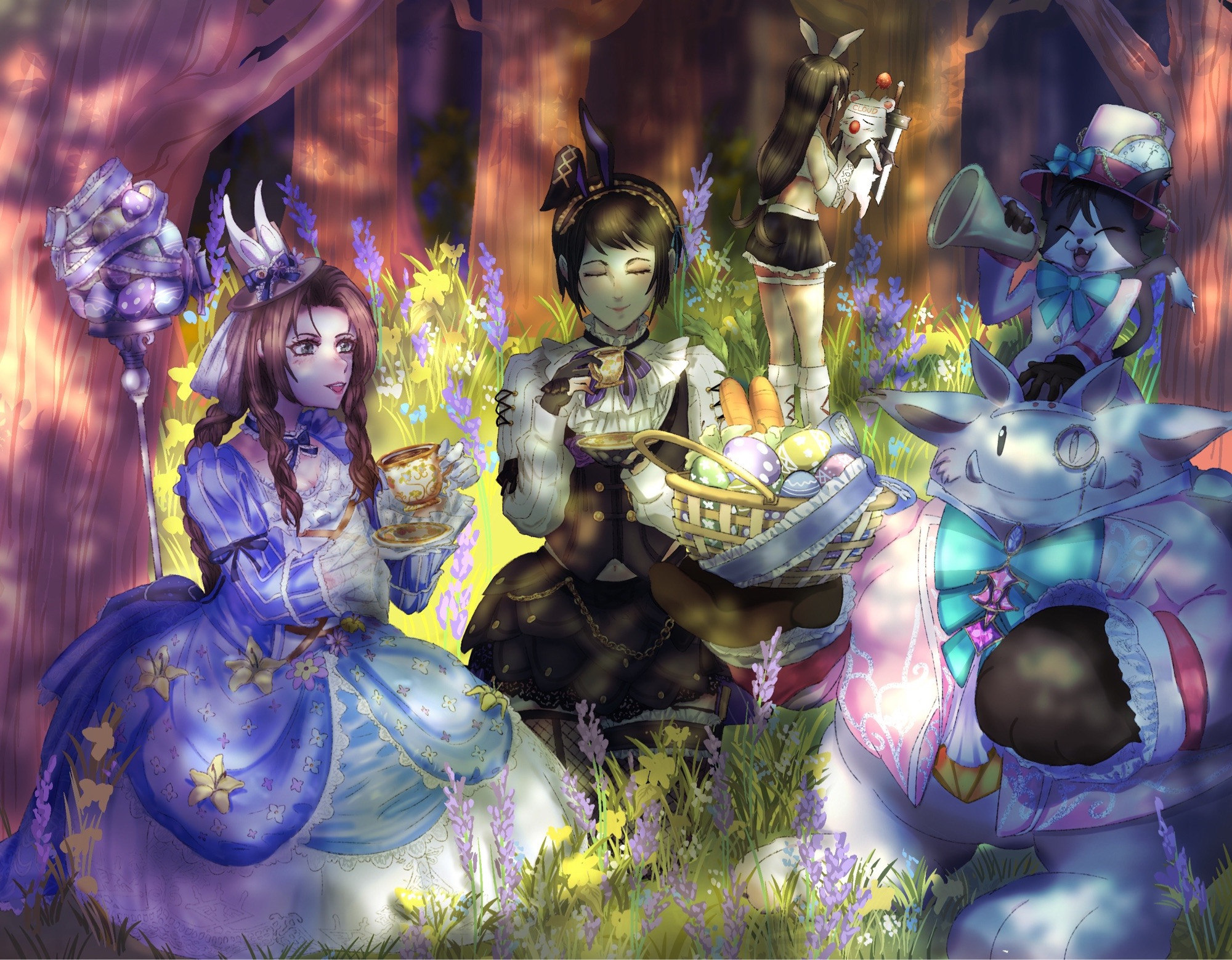 Aerith, Lucia, Tifa, and Cait sith gathered in the forest with their Easter outfits from Ever Crisis. Also Cloud is a moogle.