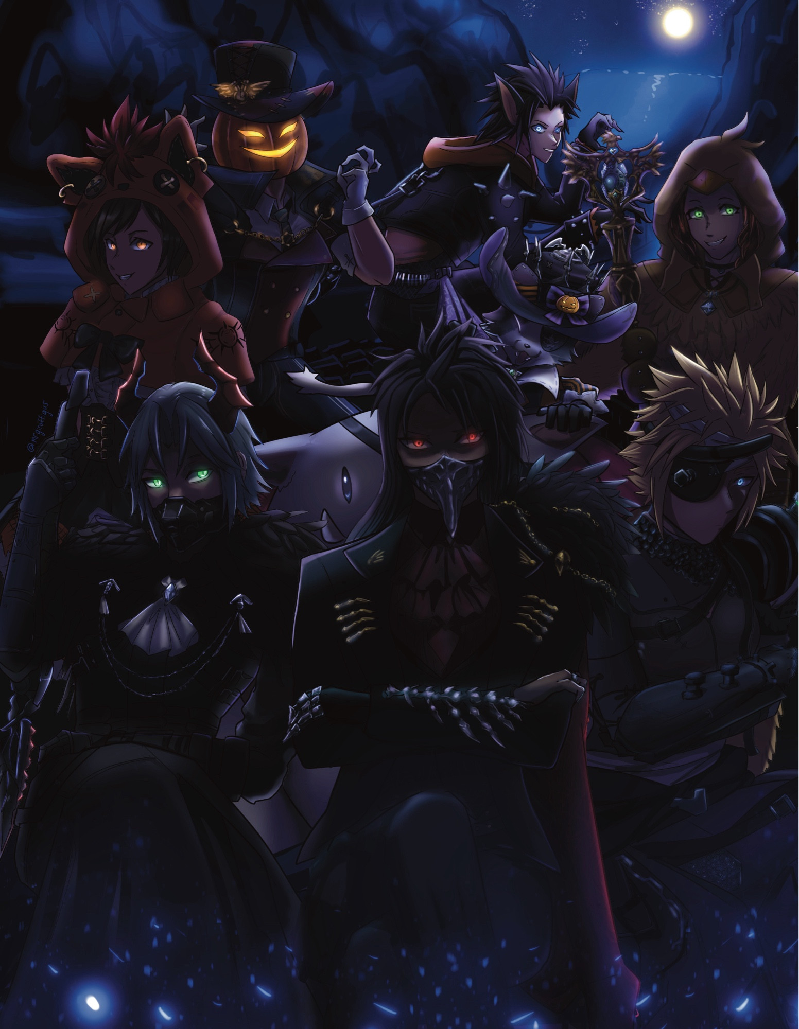 Digital illustration of characters and setting from the game FF7 Evercrisis moblie gacha game. Setting is nibelhelm at night with all characters on top of a house. All characters are wearing their halloween gear.
characters from left to right in front: young. Sephiroth, vincent, and cloud.
2nd row from left to right: yuffie, cait sith, moogle, and aerith.
Last row has Glenn on the left and zack on the right.
Outfits are: Dark harbinger,Crowmaster suit, bandaged coat, Nanaki Mantle, Pumpkin jacket, chocobo suit, pumpkinmare, and Black Hound.