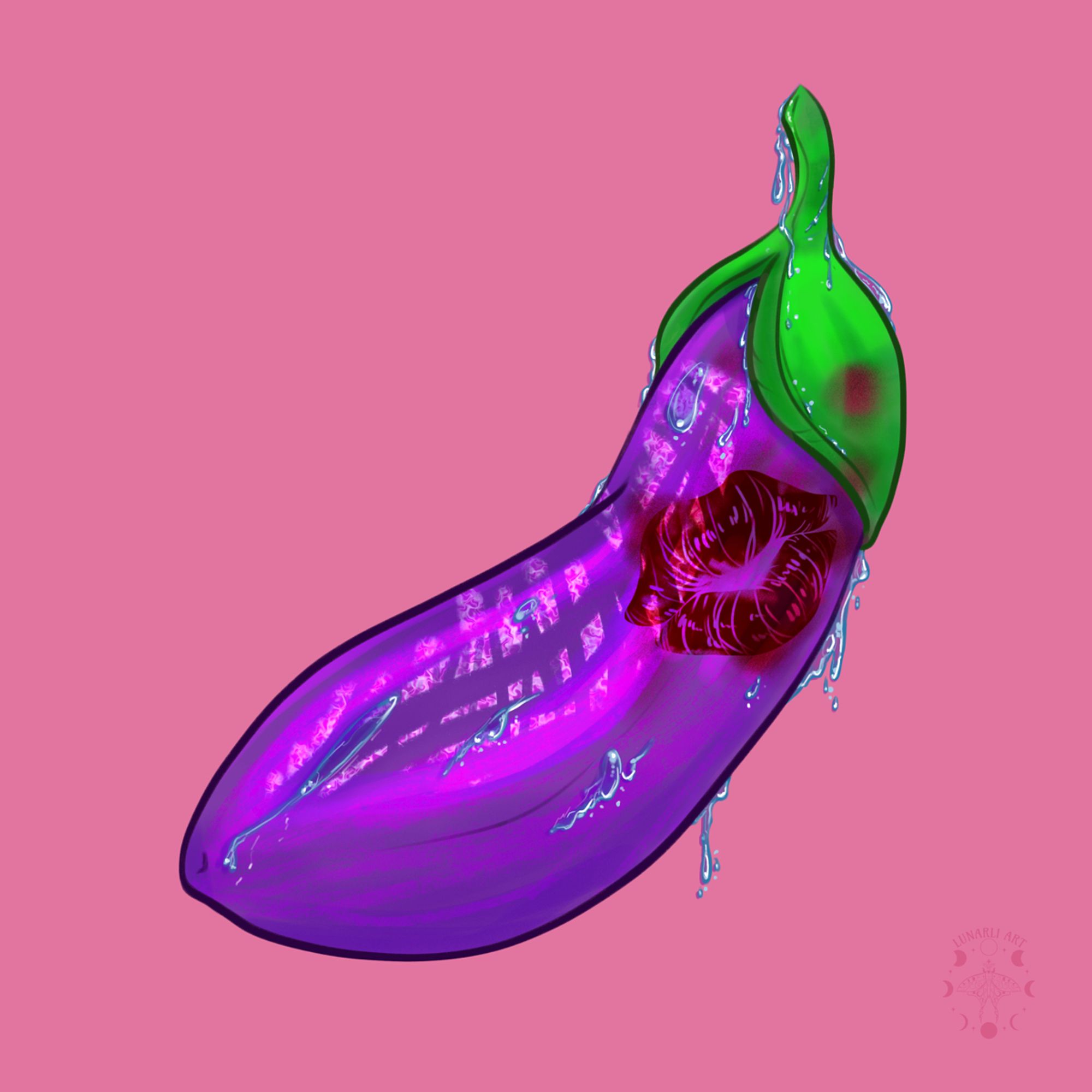 A stylized drawing of a vibrant eggplant on a bright pink background. The eggplant is covered in many water droplets caressing the fruit, and it has rounded leaves embracing the top of the eggplant. There is a dark red smudged lipstick mark near the tip of the eggplant.