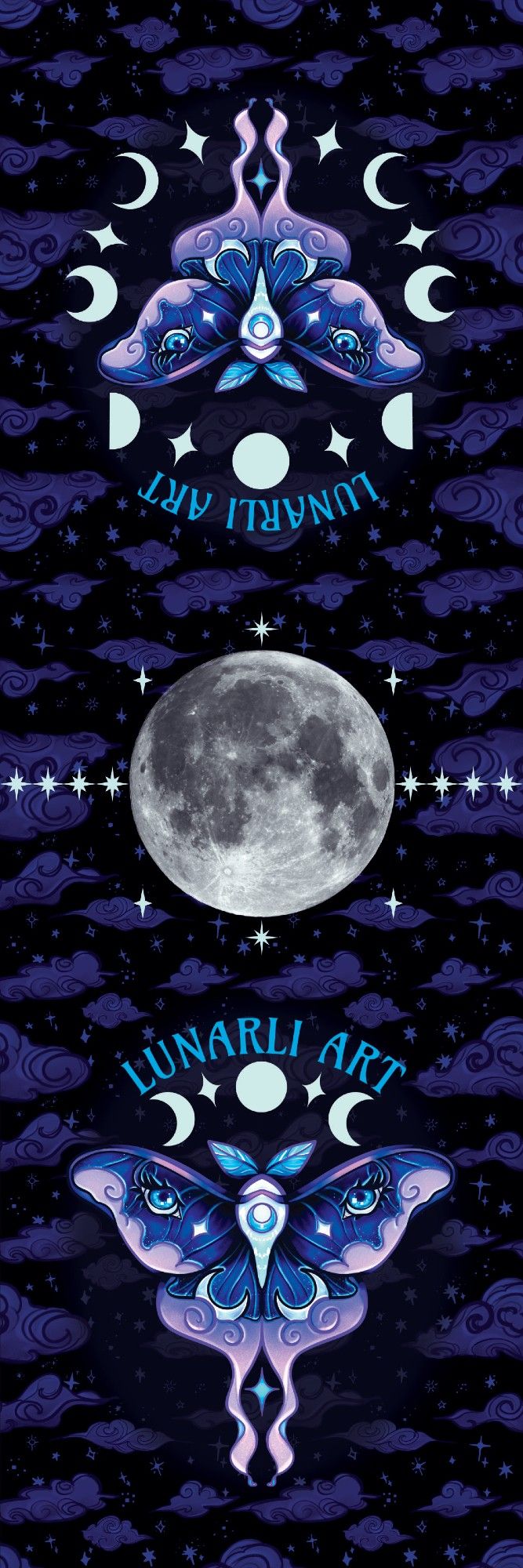 A long table runner design. The background is a repeating pattern of a night sky with dark purple clouds and blue stars. The bottom shows a logo with a blue and purple luna moth inspired design, but instead of the normal luna moth patterns, it has crescent moons, stars, clouds, and eyes. There is a triple moon arch with starts in between above it, and arched text over it that says "Lunarli Art."

There is a realistic bright moon surrounded by stars to separate the halves of the design. There is a 2nd version of the logo above, positioned upside down so when it used as a table runner, it will be rightside up on the opposite side of the table. This version of the logo is mostly the same, except instead of a triple moon arch above the moth, it is a full moon phase circle with stars in between.