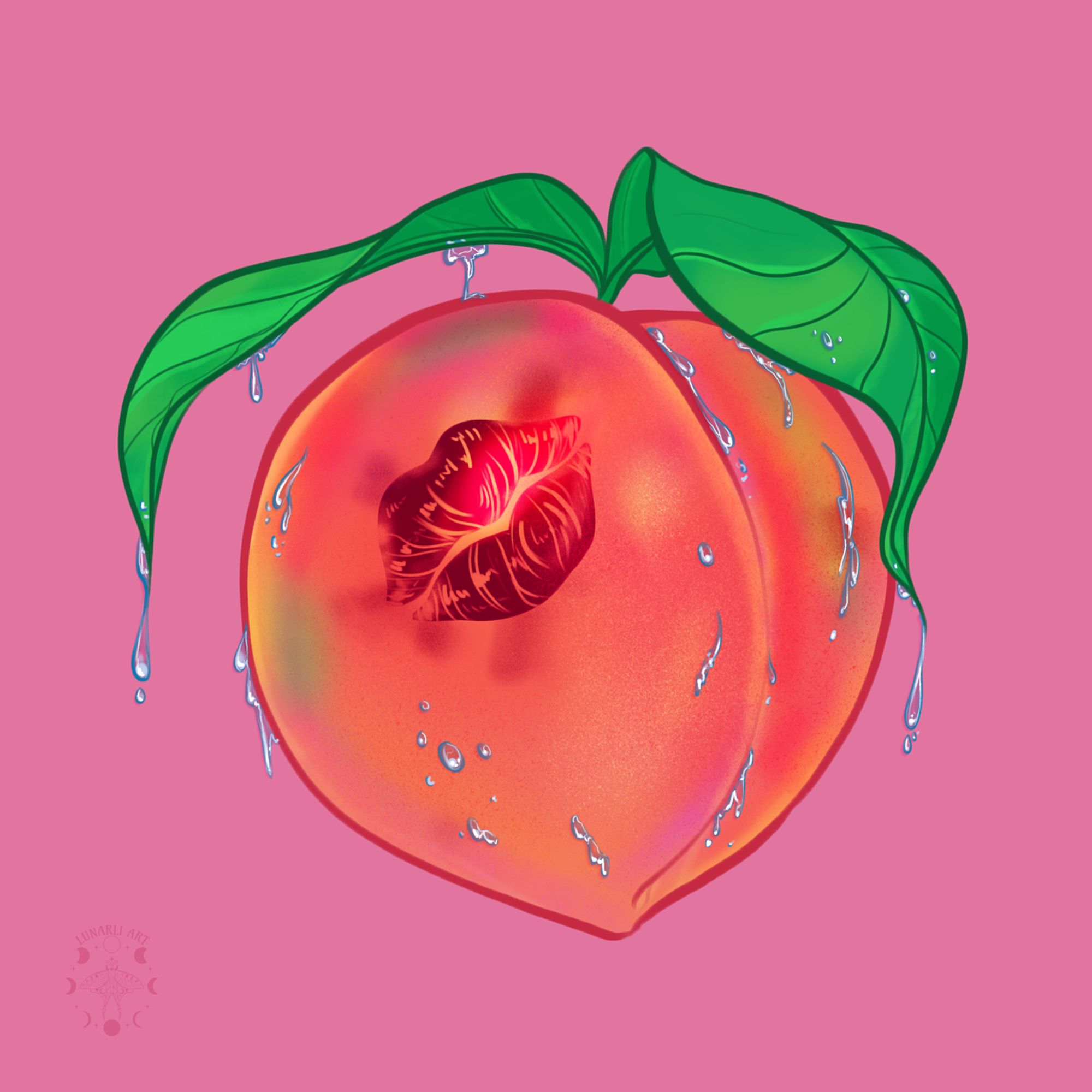 A stylized drawing of a vibrant peach with bright green leaves on a bright pink background. It is dripping with many water droplets caressing the peach along the curves of the fruit and leaves. There is a bright red, smudged lipstick mark on the upper left side of the peach. One of the leaves gently caresses their viewer-right curve of the peach.