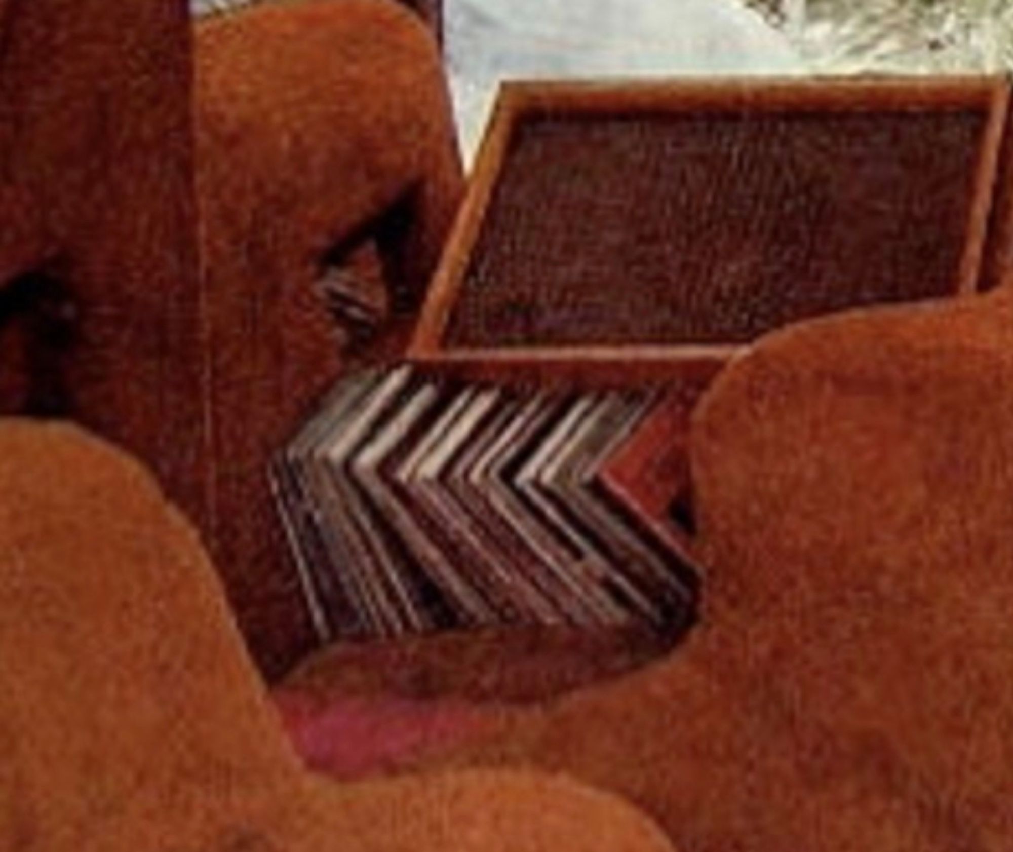 A bunch of vinyl albums leaning up against one another, hiding in a non-Euclidean sculpture of Domokun laying down to take a long nap. There's also a speaker that looks like somebody put a bunch of cardboard slats in an abandoned window frame, but I'm assured "has a much warmer sound, man."