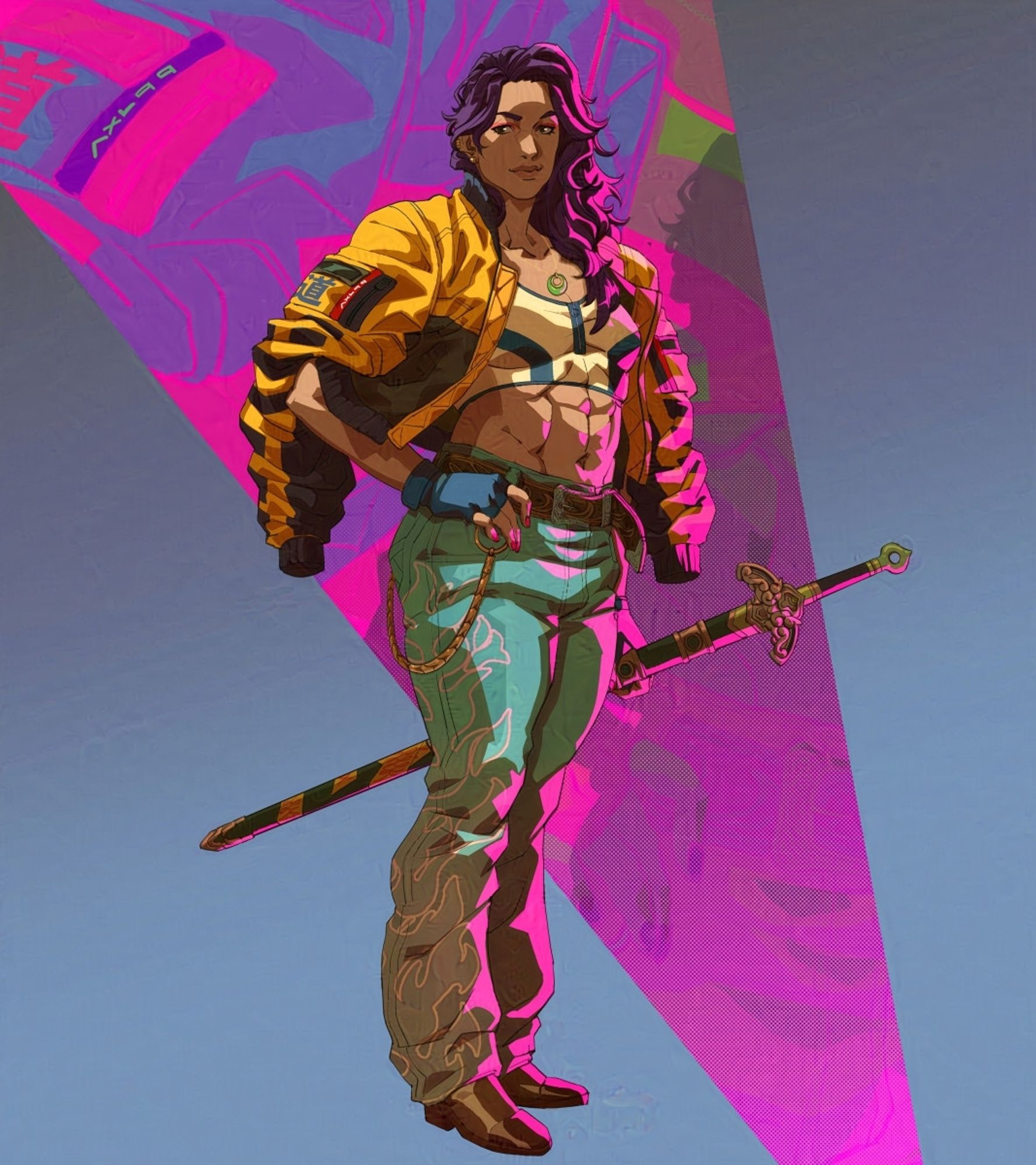 asian woman in late 20s with wavy black hair with a stylish bomber jacket hanging off her shoulders and brandishing a chinese sword partially covered in paper seals