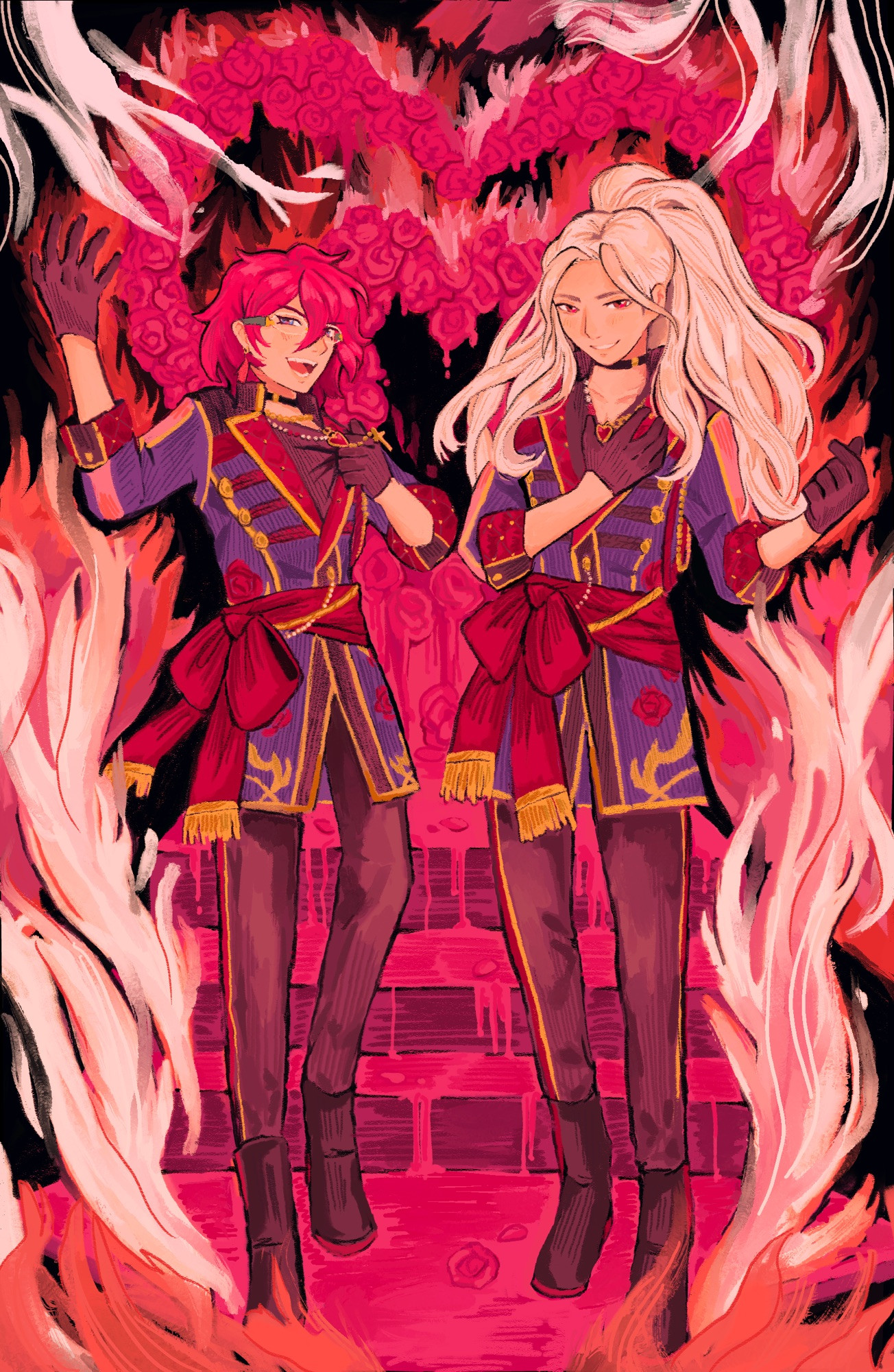 Digital drawing of Ibara and Nagisa from Enstars. The artwork takes the elements of fire, melting, and roses from the Melting Rouge Soul music video.