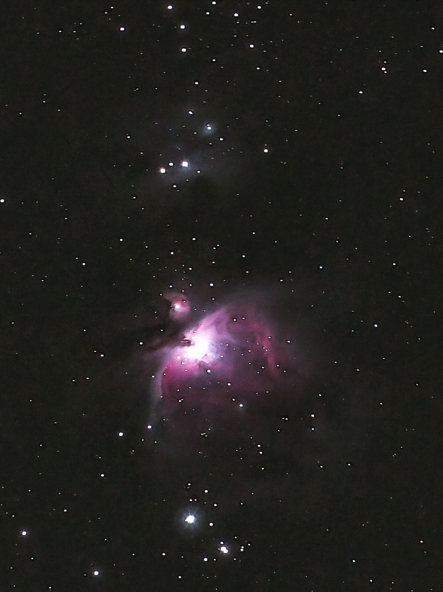 In der Schwärze des Alls leuchtet ein Gasnebel in Violett. Zahlreiche Sterne sind im Foto. Der Nebel ist durch eine Dunkelwolke zweigeteilt. Er ist bekannt als Orionnebel M42. Über der Szenerie leuchtet sehr schwach ein weiterer bläulicher Nebel. Teleskopaufnahme.