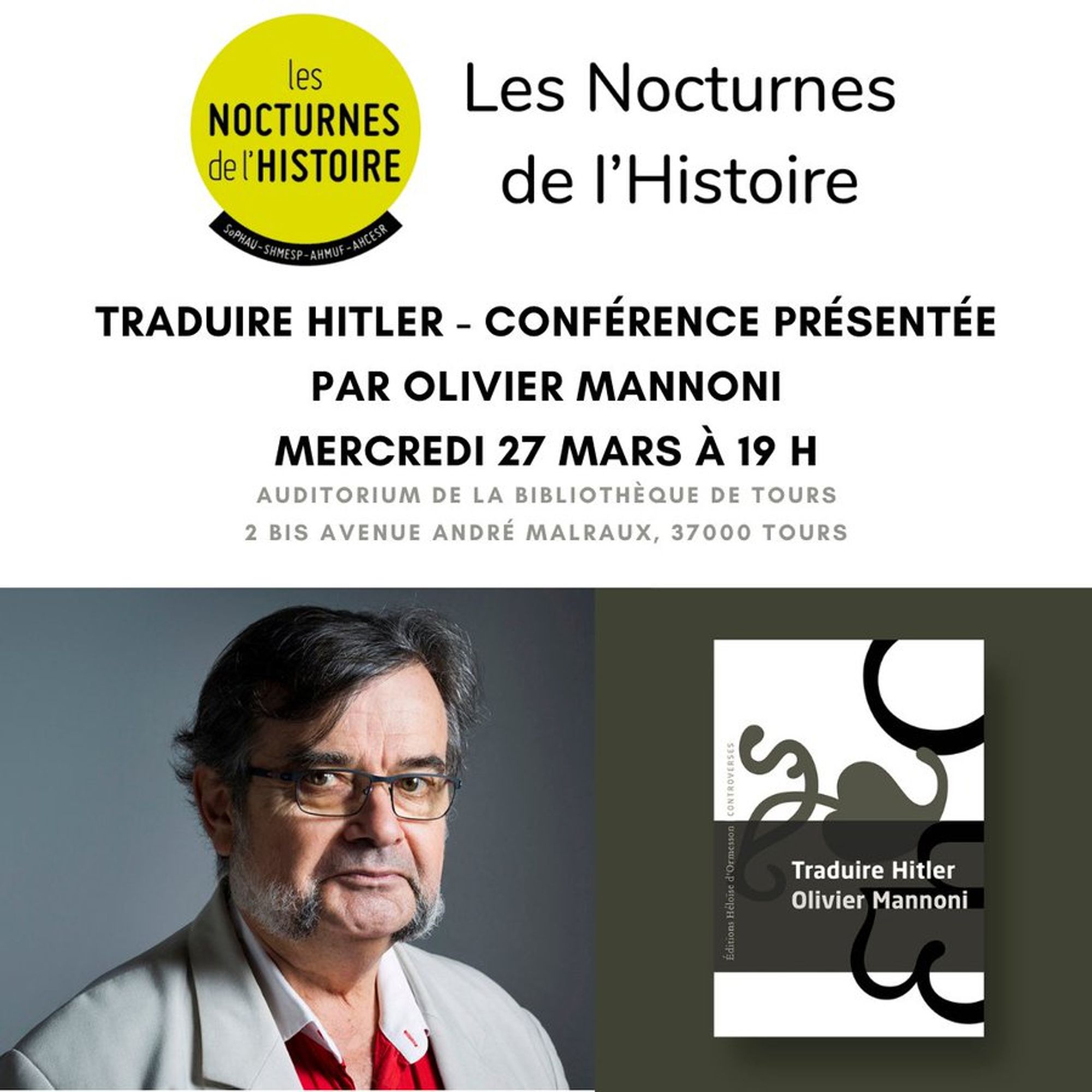 Conférence d'Olivier Mannoni, 27 mars 19h à l'auditorium de la Bibliothèque de Tours, 2bis avenue André Malraux.