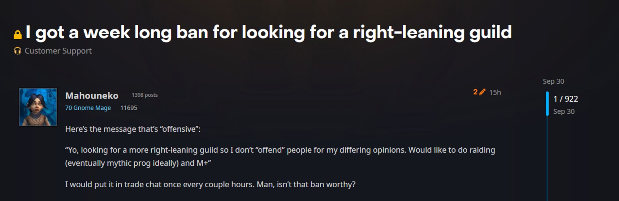 post on the world of warcraft forums titled "I got a week long ban for looking for a right-leaning guild" with the typical right-wing victim complex