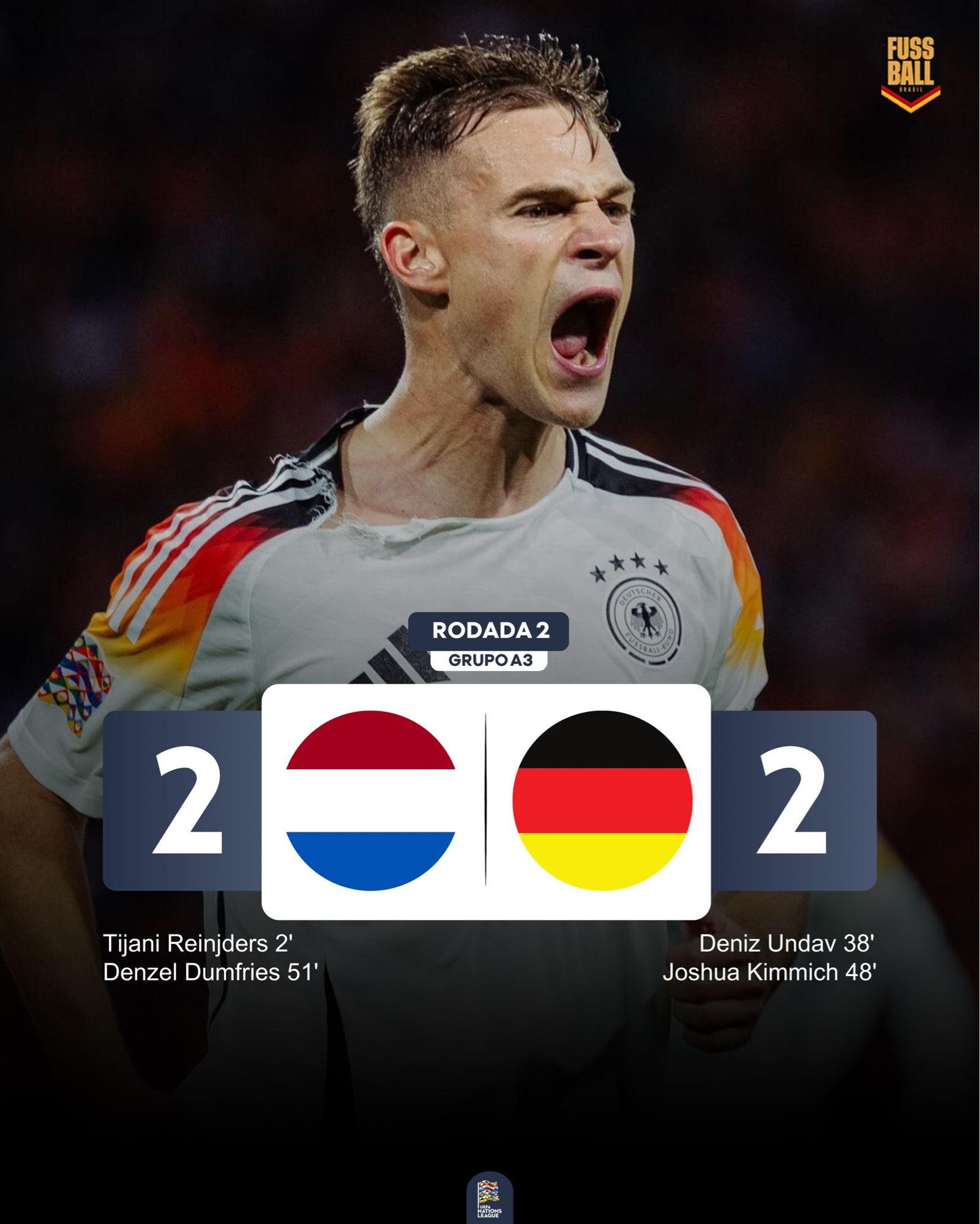 Joshua Kimmich comemorando o gol marcado. Países Baixos 2:2 Alemanha. Reinjders 2' e Dumfries 51' marcaram para os Países Baixos, Undav 38' e Kimmich 48' fizeram os gols da Alemanha. 

(Photo via DFB_Team on Social Media).