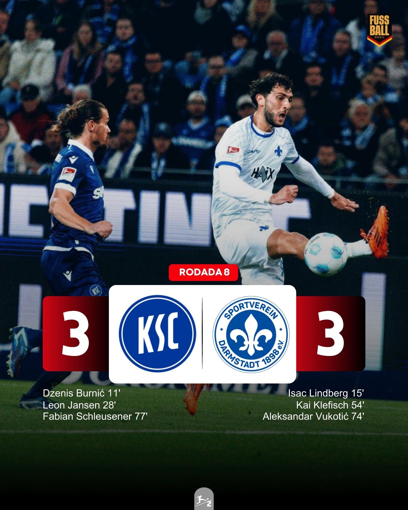 📸: @svdarmstadt1898

Gols: 

Dzenis Burnić - 11' (KSC)
Isac Lidberg - 15' (SVD)
Leon Jensen - 28' (KSC)
Kai Klefisch - 54' (SVD)
Aleksandar Vukotić - 74' (SVD)
Fabian Schleusener - 77' (KSC)