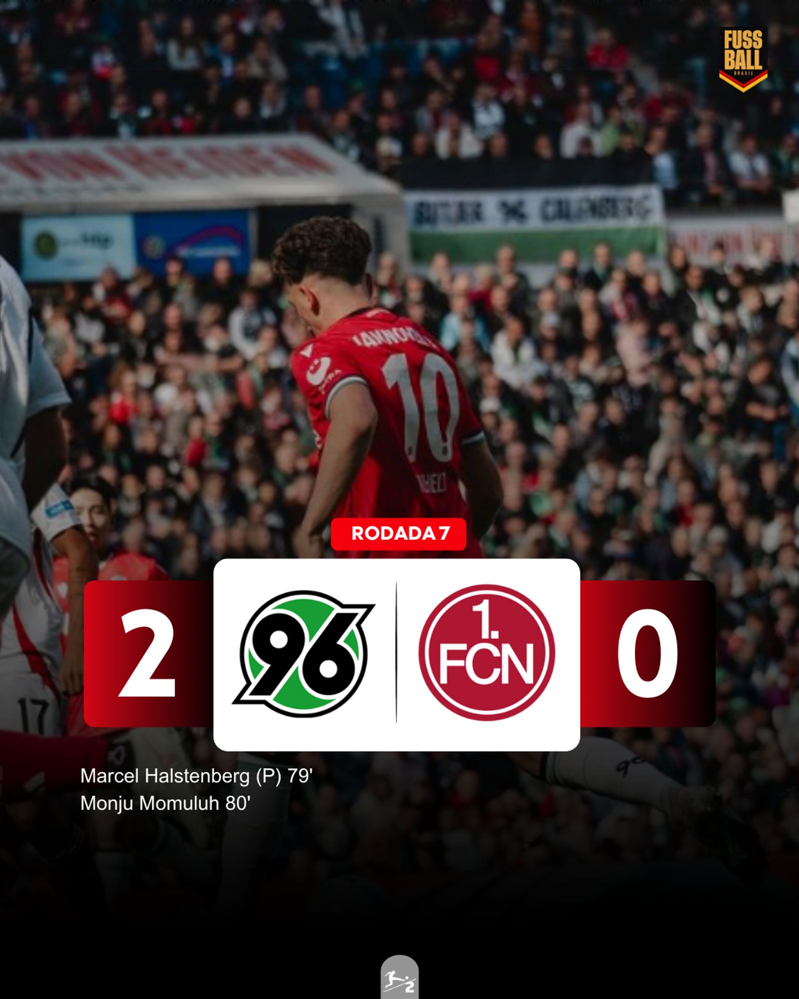 Arte com o placar da partida entre Hannover 96 e FC Nürnberg: 2-0. Ao fundo, Jannik Rochelt corre com a bola dominada. (Photo by @hannover96/Instagram Stories).

Gols: Marcel Halstenberg (79'/H96) e Monju Momuluh (80'/H96).