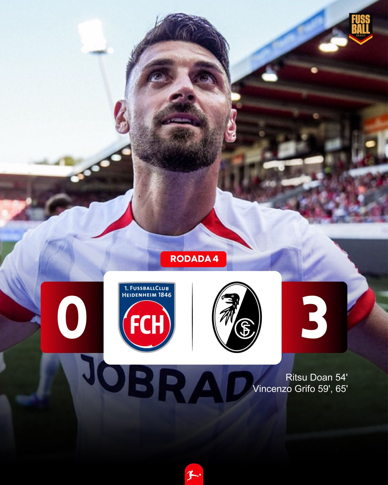 Vincenzo Grifo comemorando olhando para os torcedores do SC Freiburg. 

GOLS:
Ritsu Doan 54'
Vincenzo Grifo 59', 65'

(Photo via SCFreiburg on Social Media)