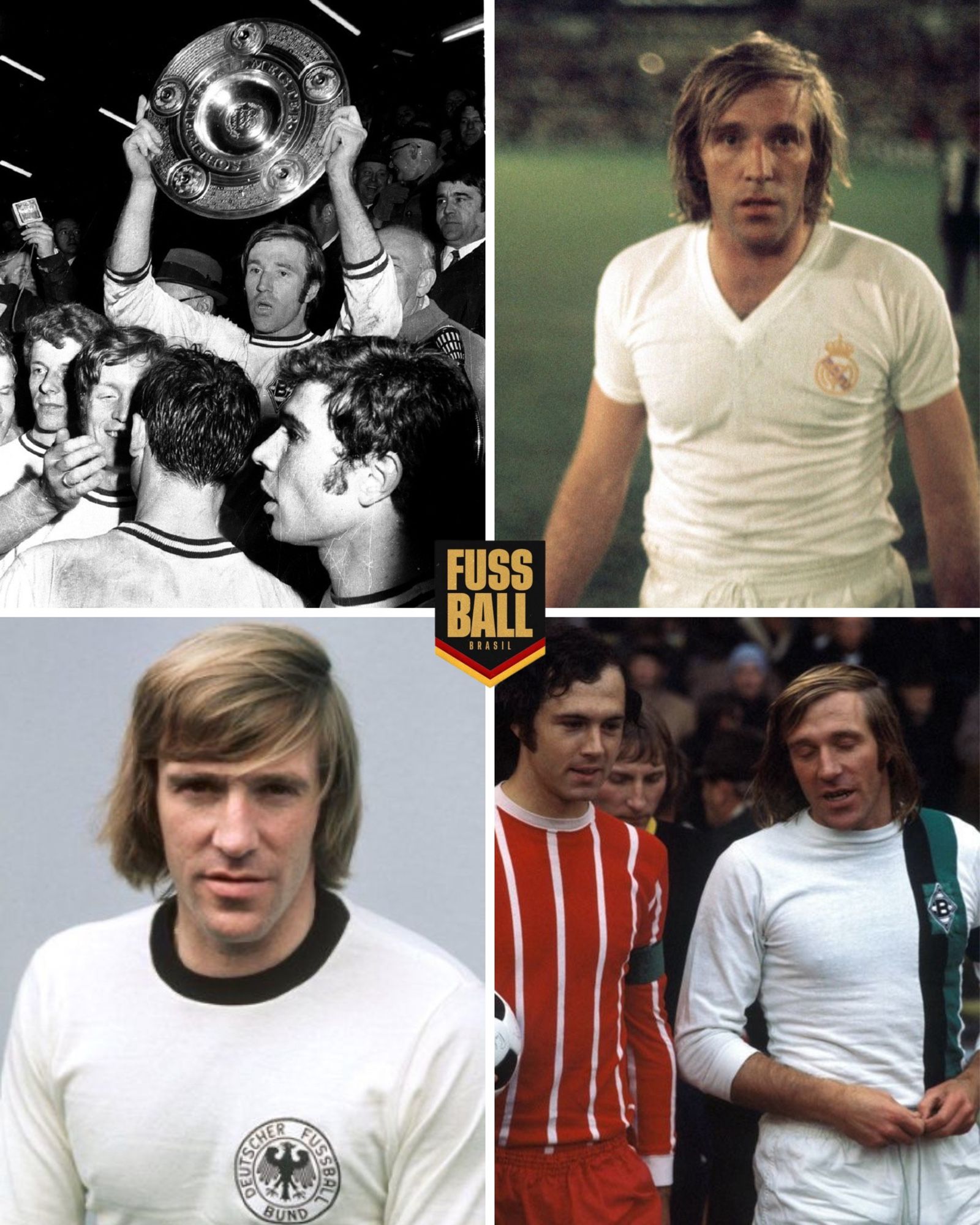 Günter Netzer em foto com o Meisterschale conquistado pelo Borussia Mönchengladbach, fotos pelo Real Madrid e Seleção Alemã, e foto com Franz Beckenbauer em uma partida entre FC Bayern München e Borussia Mönchengladbach. 

(Photos via Pinterest).