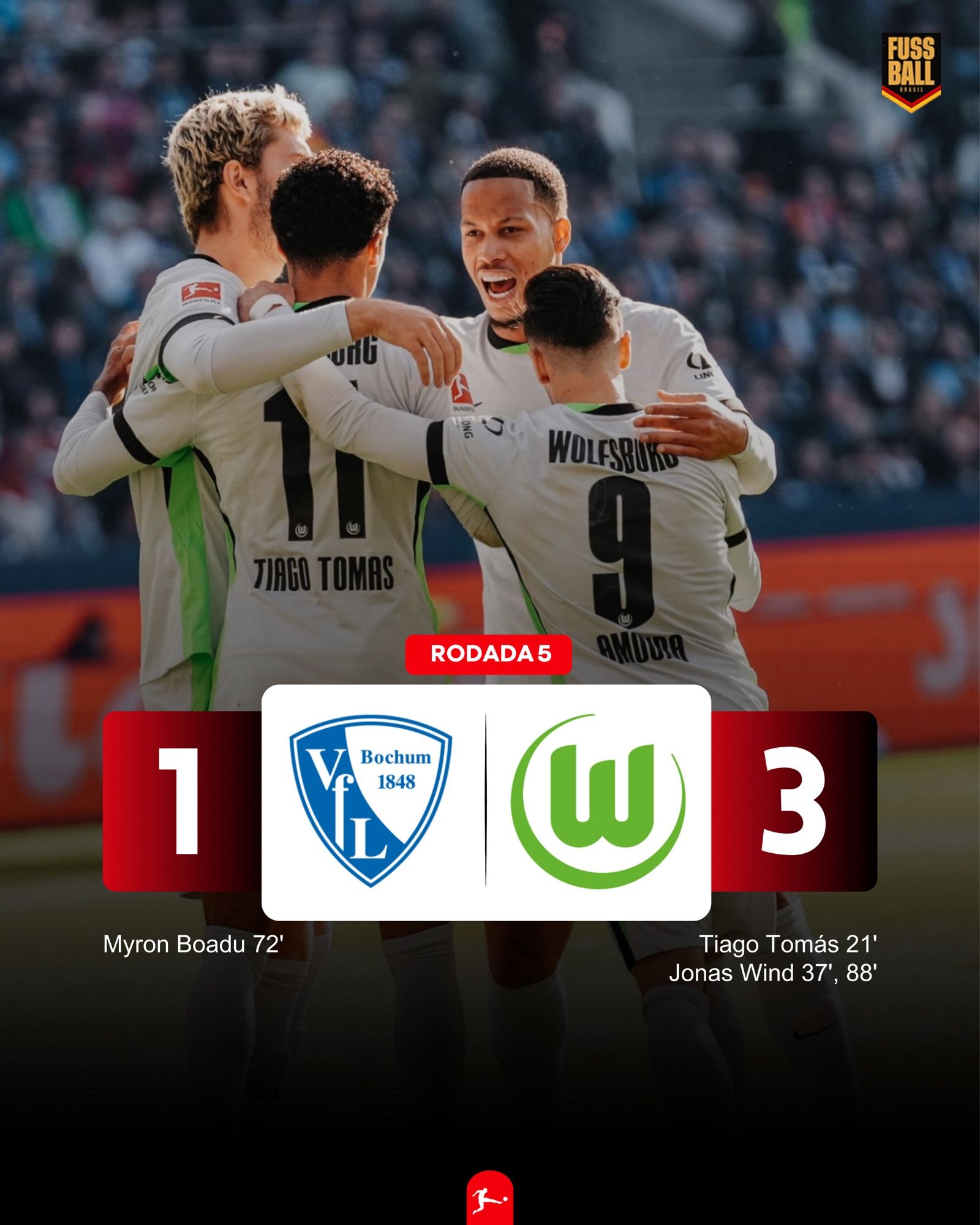 Jogadores do Wolfsburg comemorando um dos gols. BOC 1:3 WOB. GOLS:
Tiago Tomás 21' (WOB)
Jonas Wind 37', 88' (WOB)
Myron Boadu 72' (BOC) 

(Photo via VfLWolfsburg on Social Media).