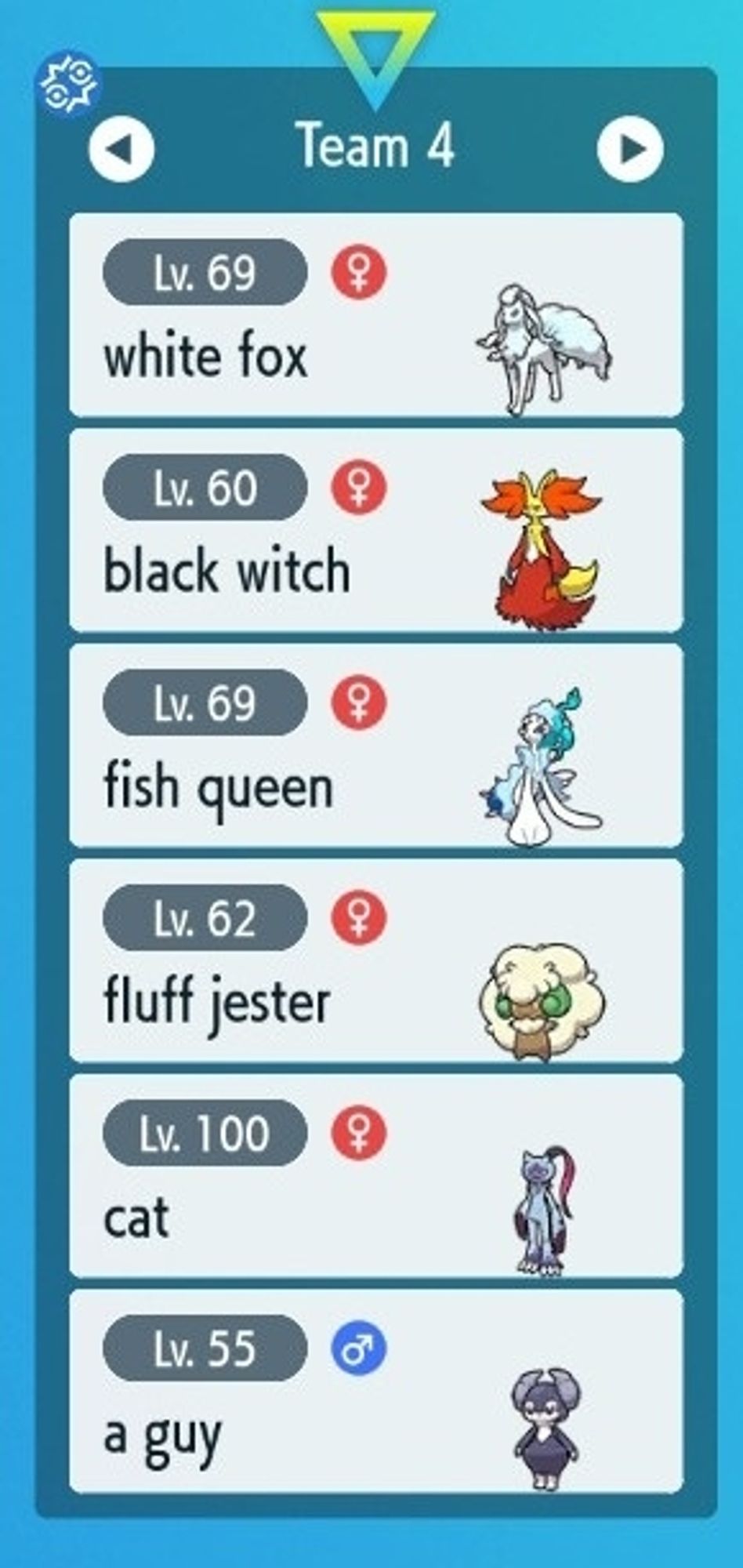 my reg h team - as always it is a dumb fucking concept that is so silly it works on ladder
white fox: alolan ninetales
black witch: delphox
fish queen: primarina
fluff jester: whimsicott
cat: just a cat 
a guy 🤢: male indeedee