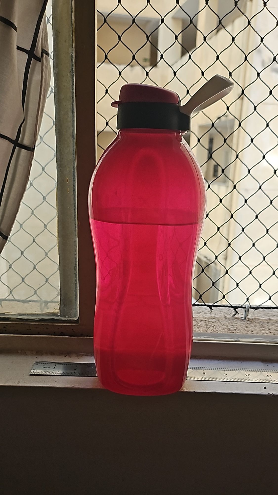 a 2 liters water bottle clored red or kinda pinkish i try to drink two of this everyday also the water is topping a ruler but it doesn't mean anything i am just a bit messy and i don't have where to place an one meter ruler that i bought for no reason