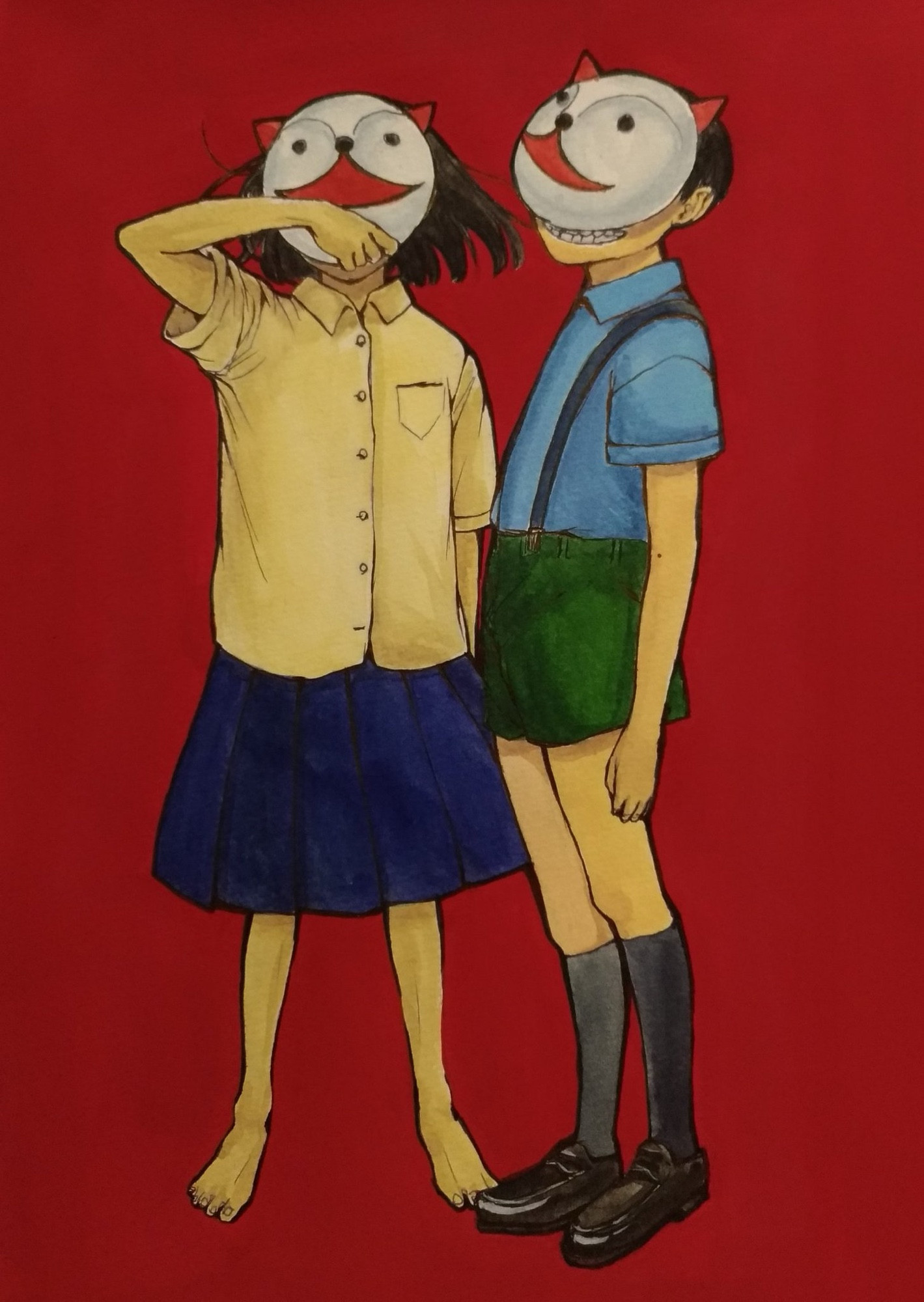 真っ赤な背景で不思議なお面をつけた少年と少女の絵