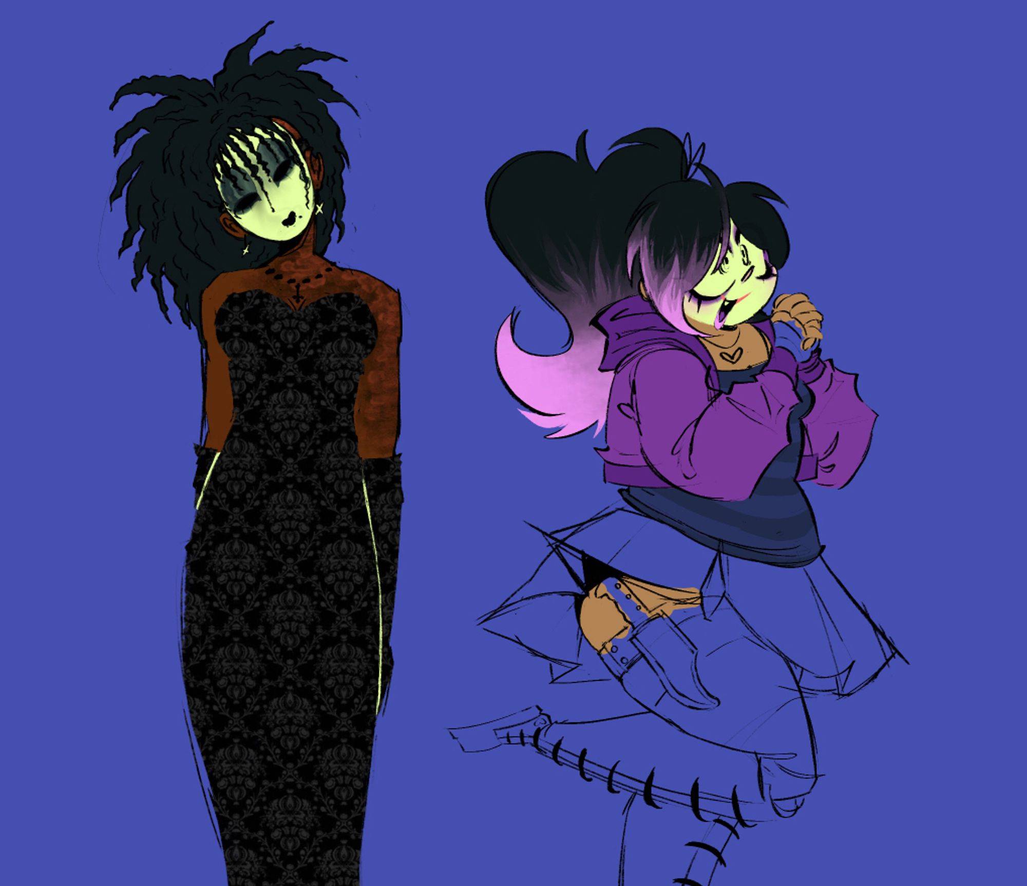 a drawing of two girls. The one on the left is a reimagined Jane The Killer, or Jane Everlasting. She has dark skin, burn scars on the left of her body, which has burned some of her scalp, a dark, patterned, body-hugging dress with matching gloves, a mask with goth-like makeup, and dark curly hair. The one on the right is an unfinished reimagining of Nina The Killer. She's chubby, has tan skin, dark hair that fades to light pink, and white face paint on. Her outfit is a purple hoodie, a heart shaped necklace, fingerless gloves, a blue-gray striped tank top, a garter with a knife attached, thigh highs, a pleated skirt, and knee high converse. The lines in both drawings are sketch-like and rough.