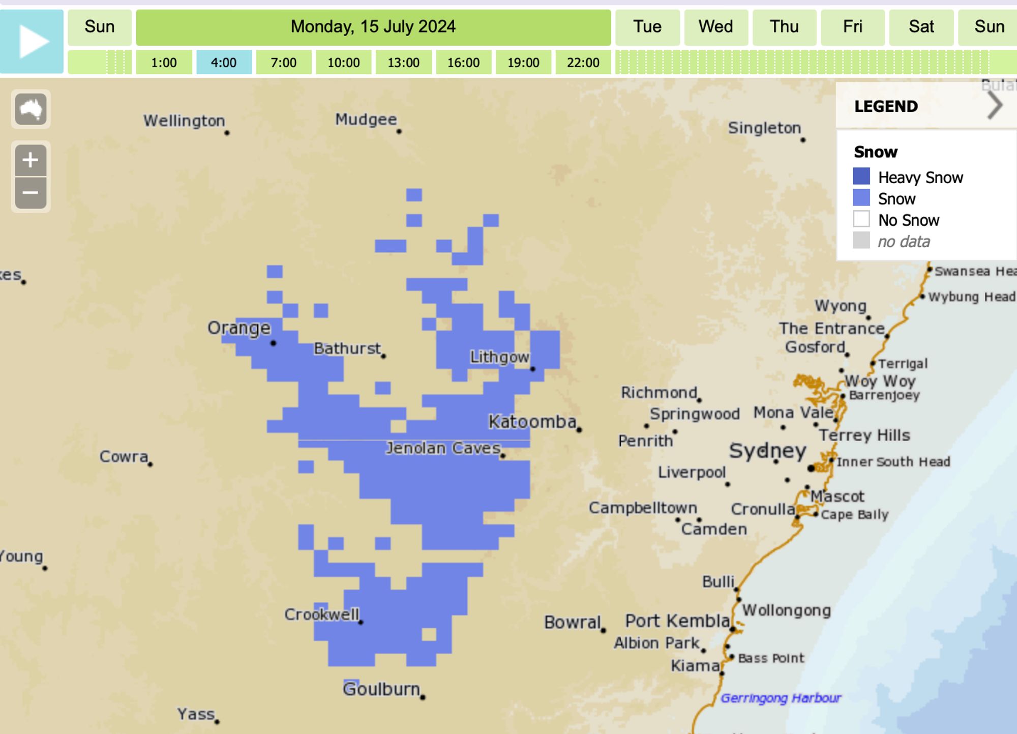 Map of predicted snowfalls in the NSW Central Tablelands tomorrow morning. Orange, yes. Bathurst, no. Oberon, yep. Lithgow, yep. Blue Mountains, no, but I have seen other forecasters suggest it's possible.