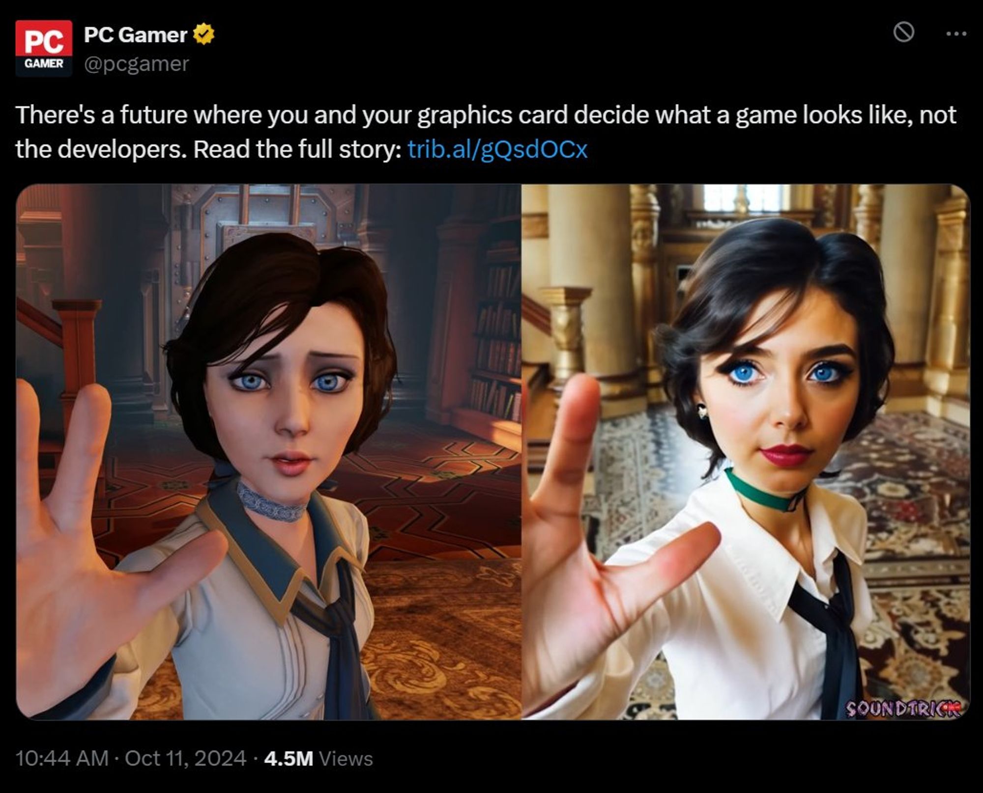 headline from PC Gamer, "There a future where you and your graphics card decide what a game looks like, not the developers." Two screenshots side by side, one from the original Bioshock Infinite with a young woman in period clothing, the other a garish & hideous "photoreal" AI recreation best described as uncanny