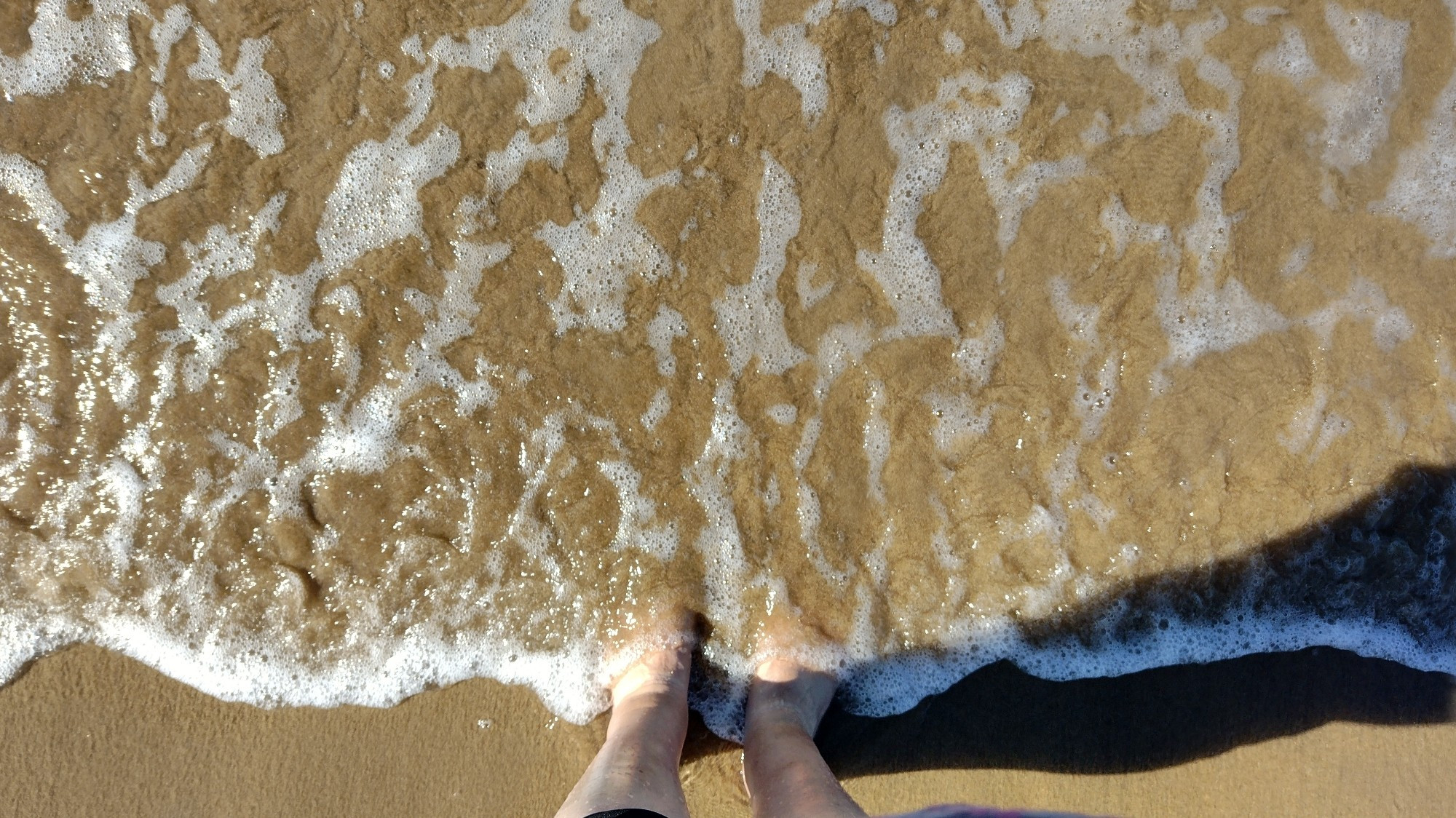 Image of a pair of feet being covered by incoming waves of the sea.