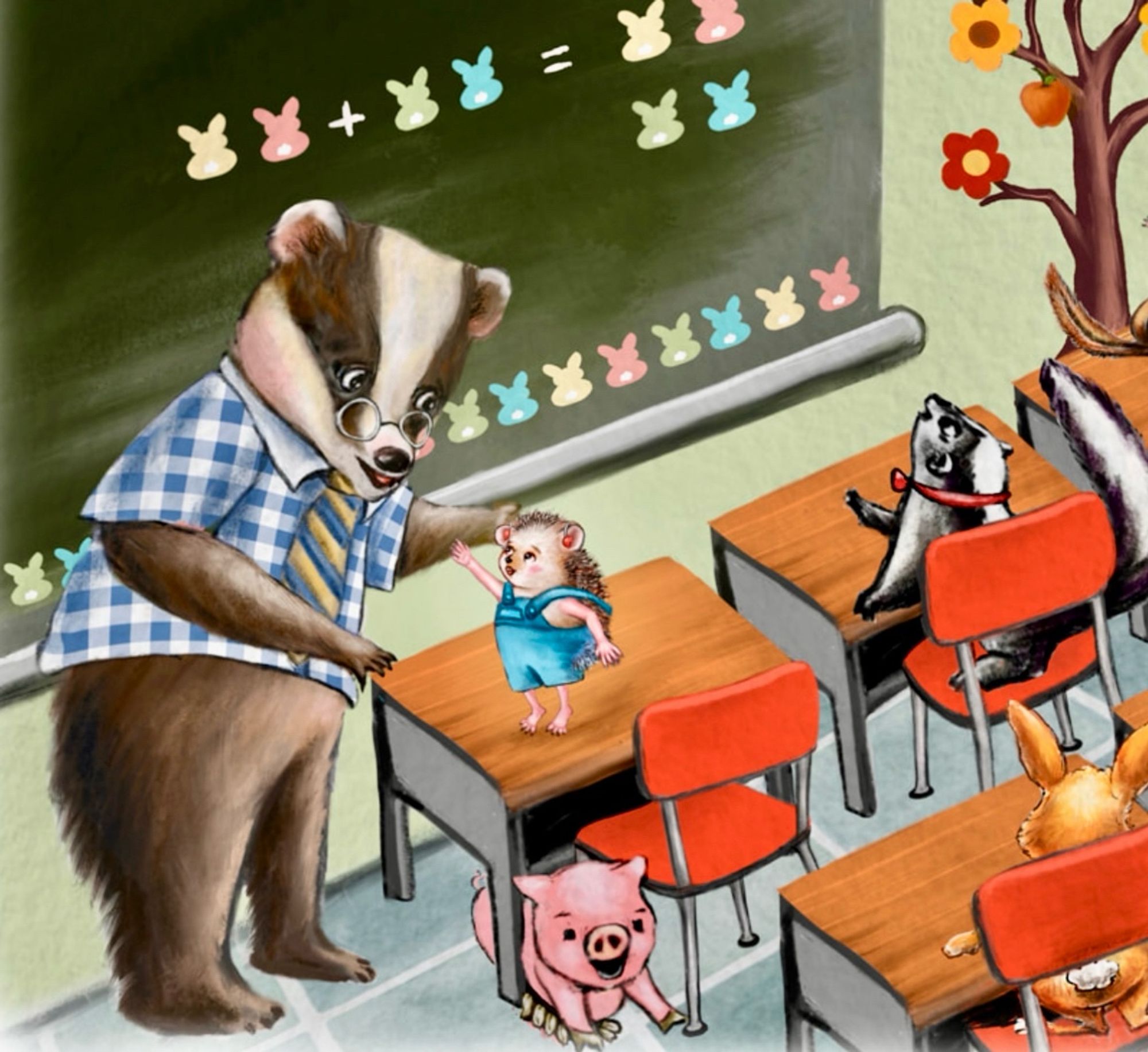 Badger teacher in a classroom with hedgehog, pig and skunk