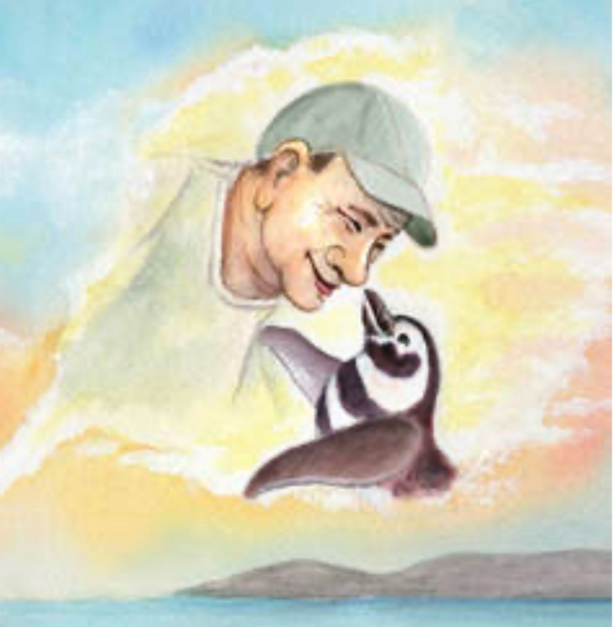 Penguin kiss illustration from picture book An Old Man and his Penguin