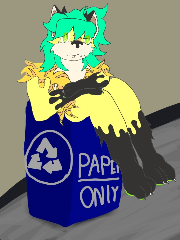 Fox/Wolf/tiger furSona sitting in recycling bin