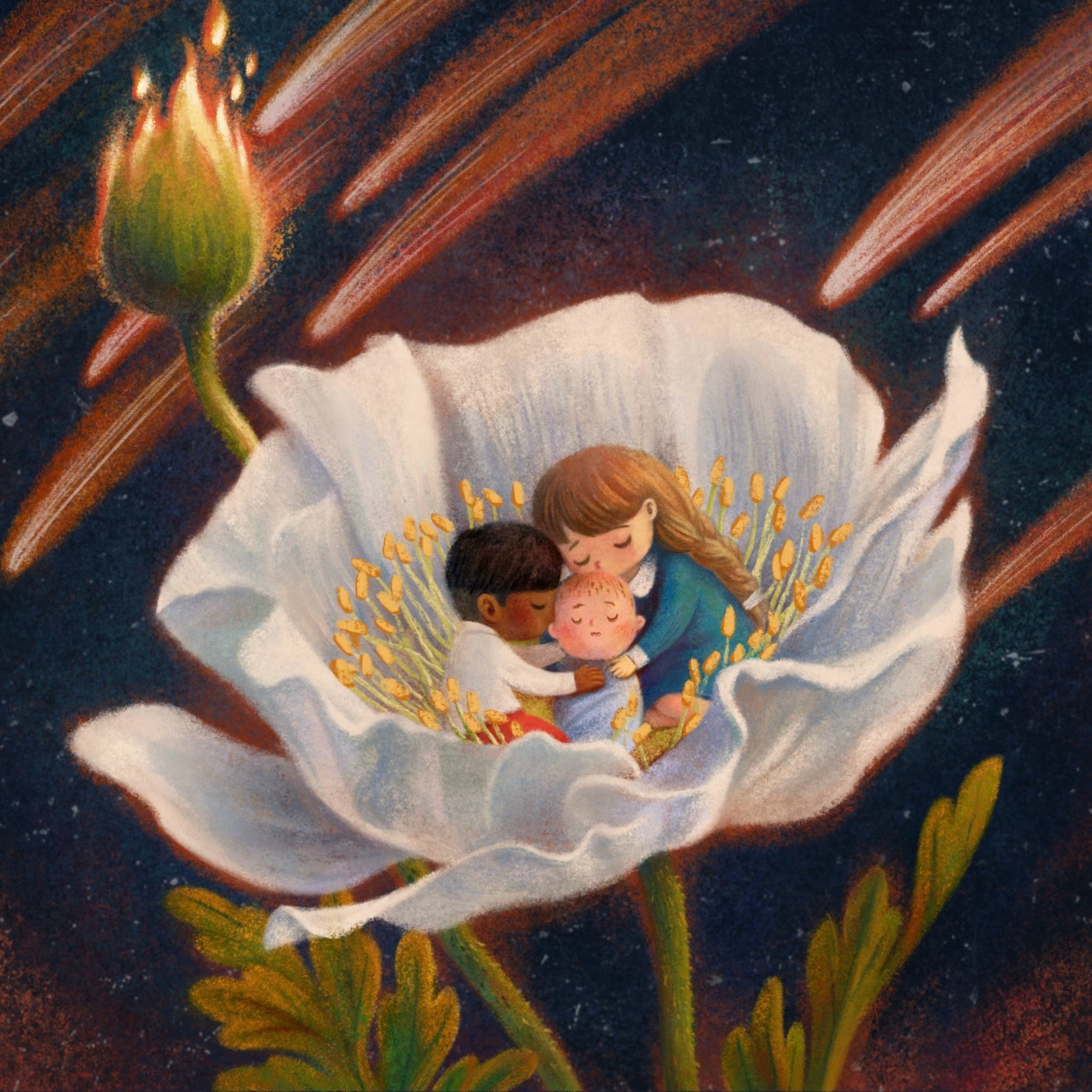 Picture book style illustration of three children snuggled up in a white poppy against a background of dark night sky and a rain of fire