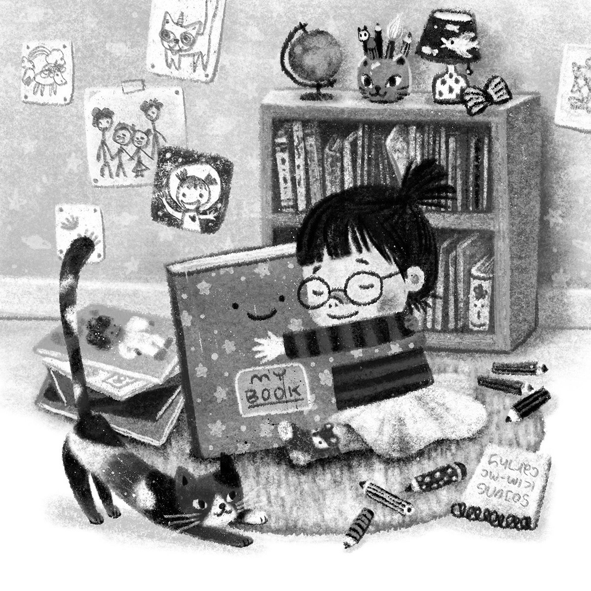 A black and white illustration of a little girl in glasses cuddling with her book. She’s a bookish girl who will probably grow up to be a publishing person!