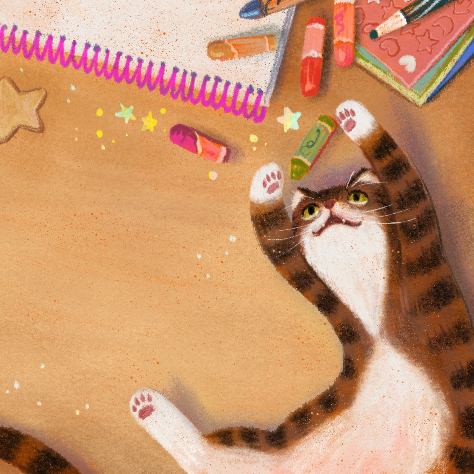 A sneak peek of my picture book work in progress. A bird-eye view of a brown Korean tabby cat playing with crayons on a table