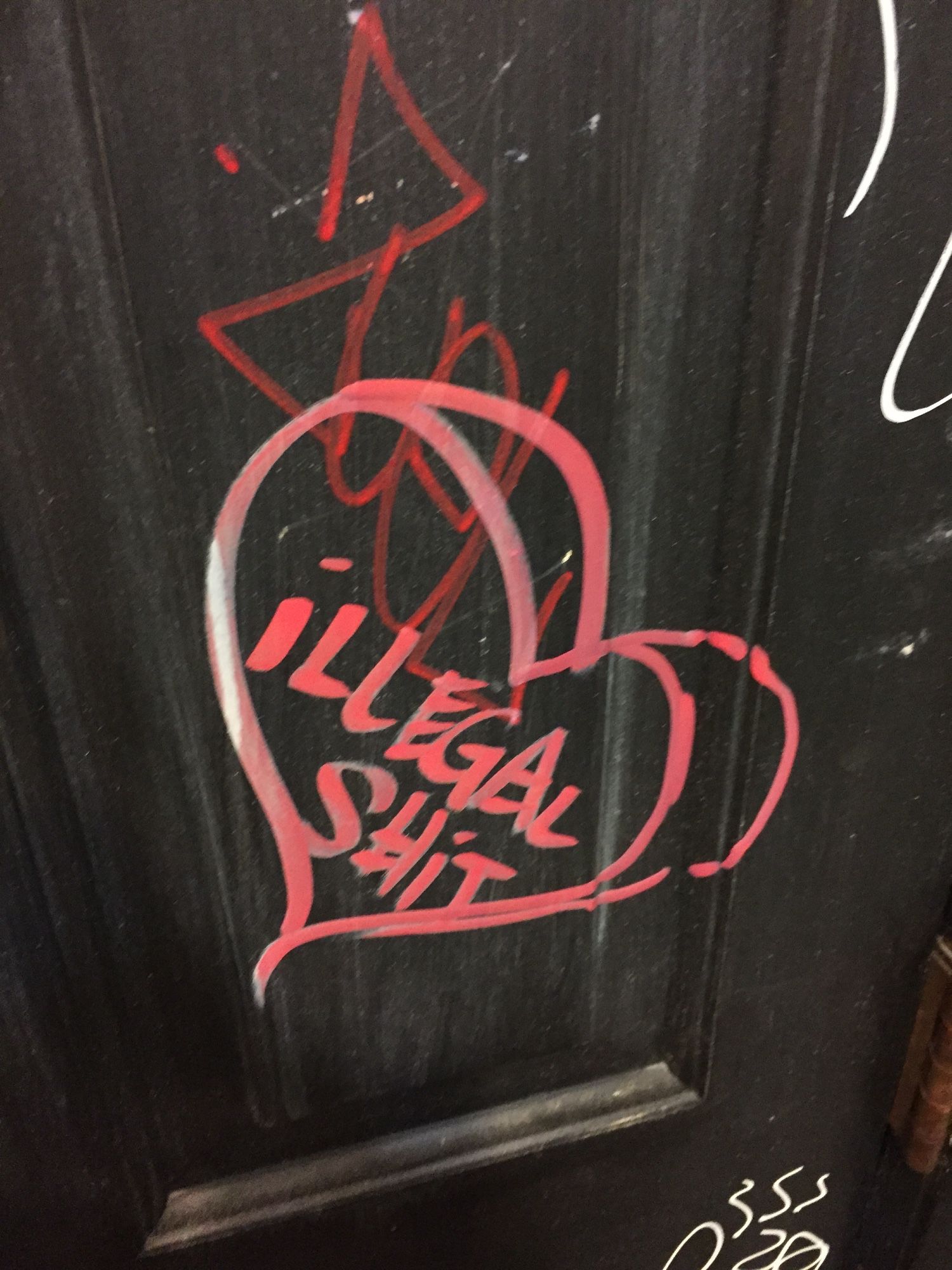 A picture of my favorite tag in the world, from the men's bathroom at Cambridge's erstwhile Newtowne Grill.   The words "Illegal Shit" surrounded by a heart in red/pink paint marker