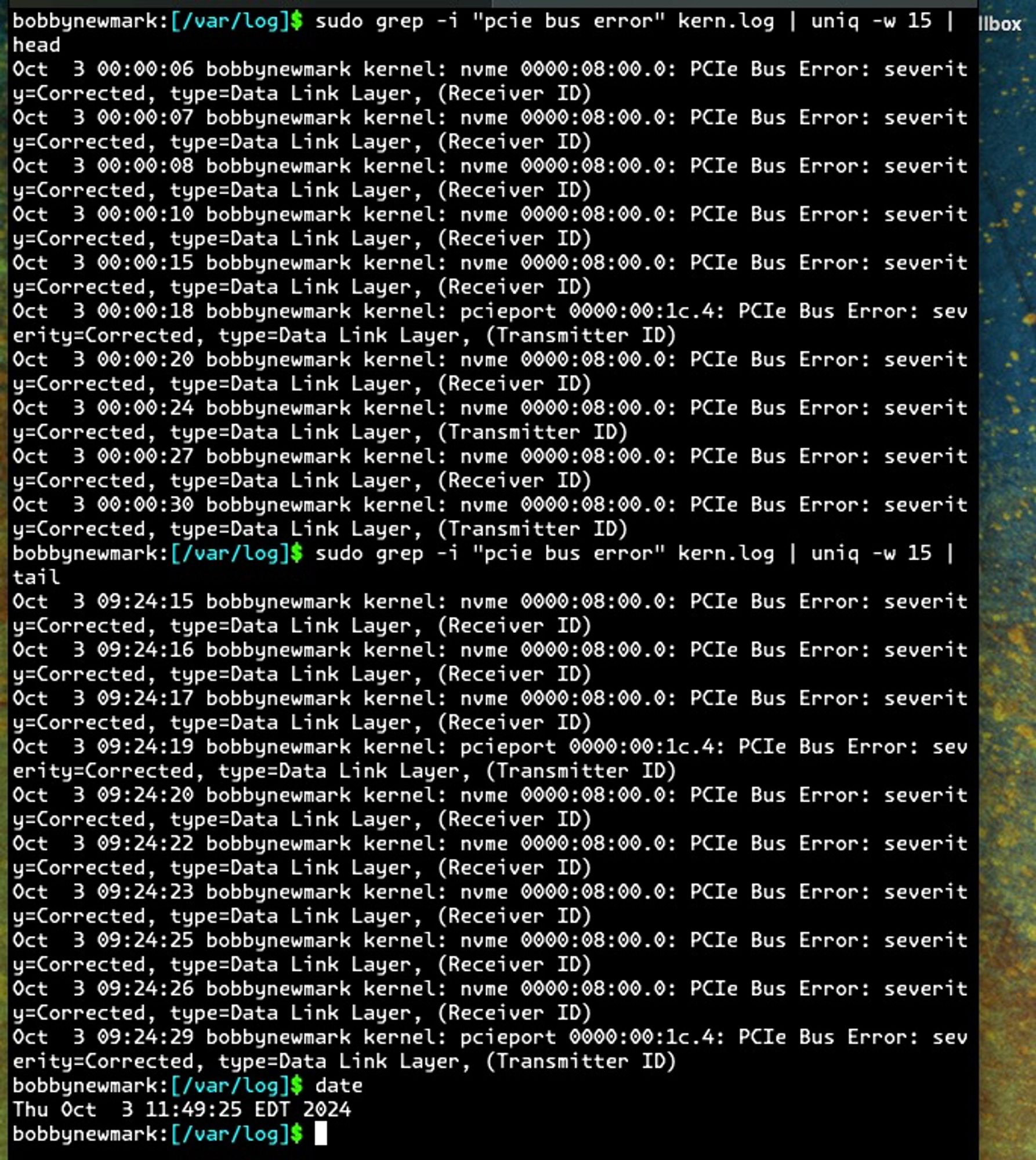 screenshot of a unix terminal window showing a slew of "PCI Bus Error" messages in the kernel log from midnight to 9:24am followed by a timestamp of 11:49am showing no messages since 9:24am