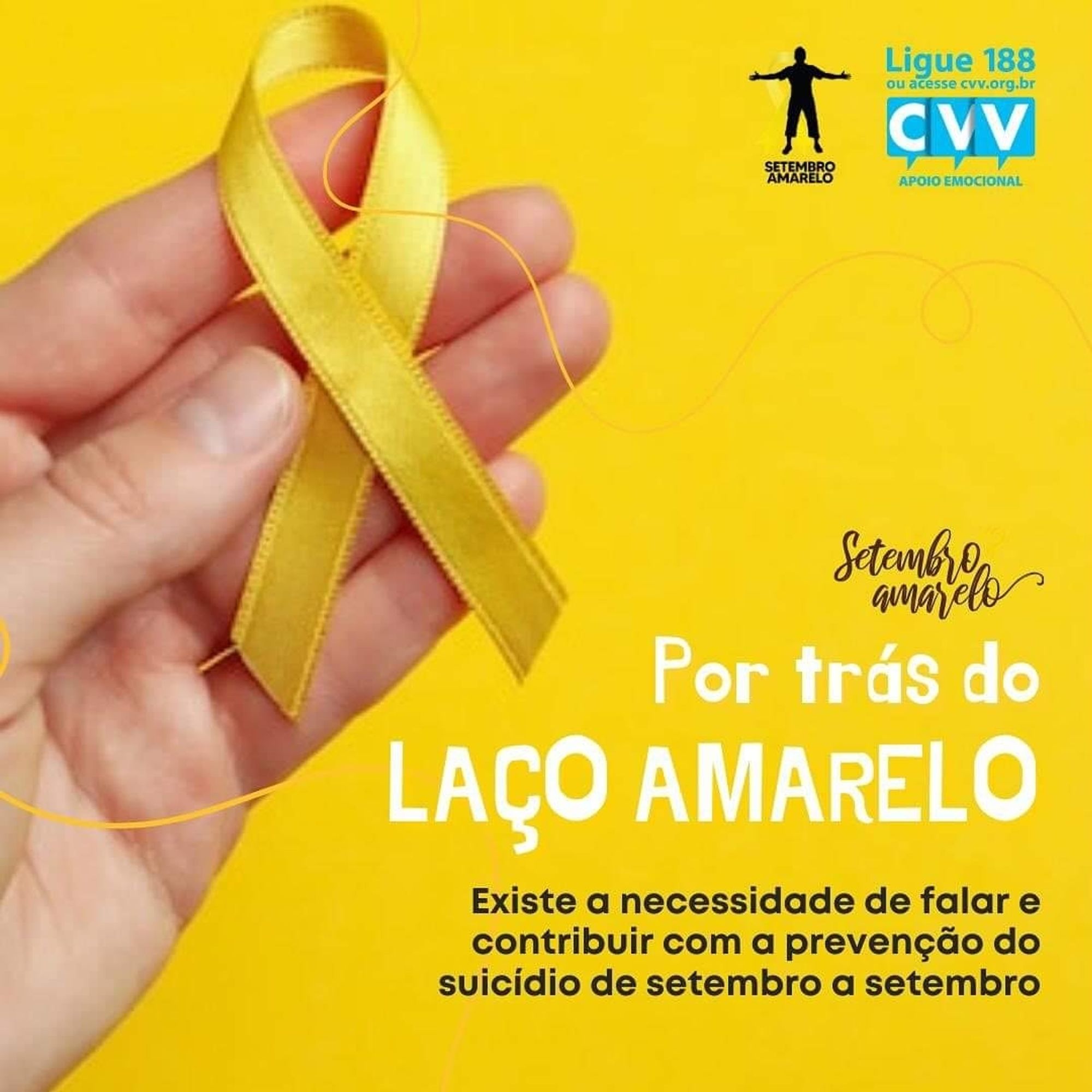 Um laço amarelo contra um fundo amarelo brilhante com texto promovendo a conscientização sobre a prevenção do suicídio e fornecendo informações de contato para uma linha de apoio emocional no Brasil.