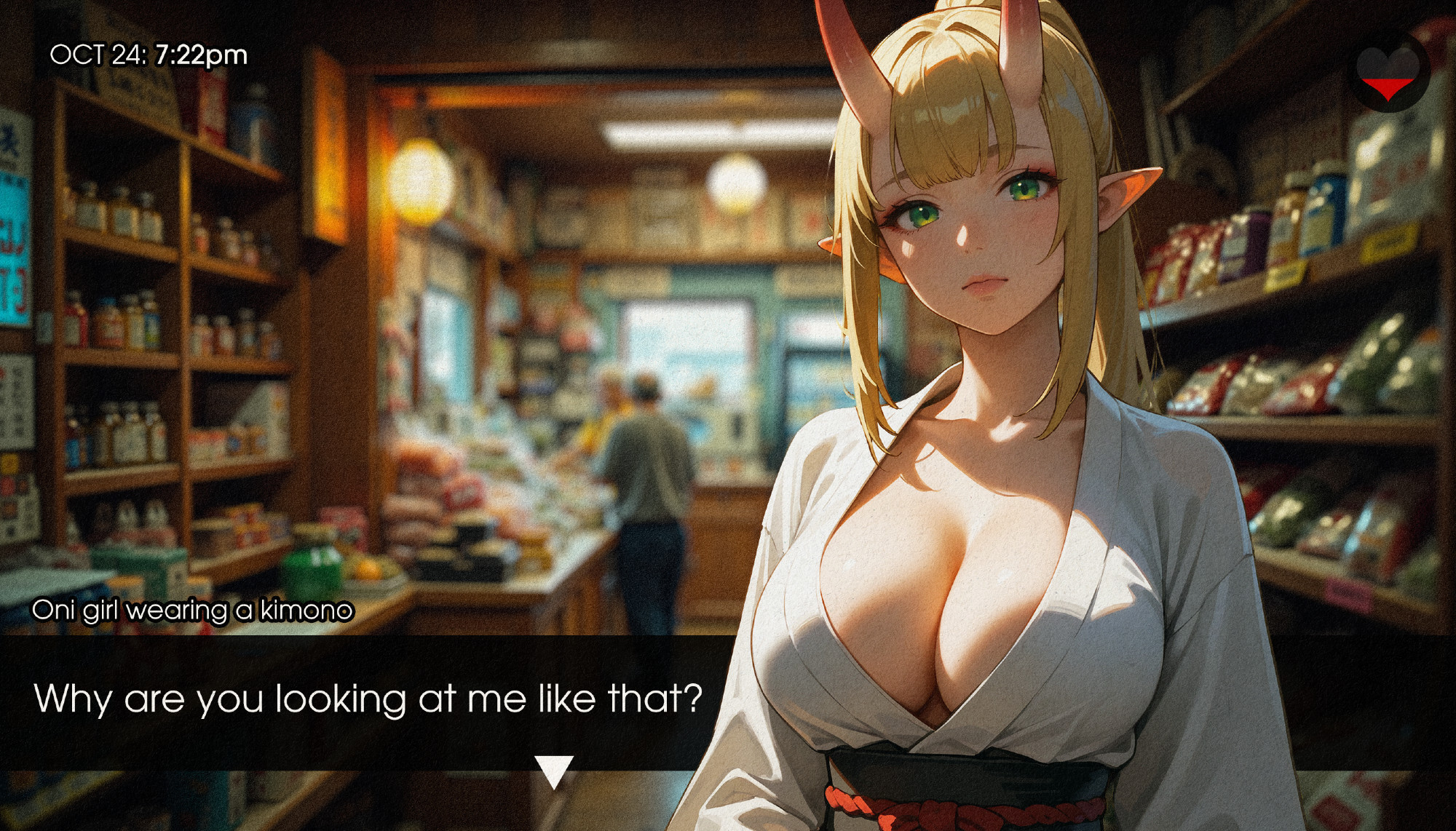 A simulated screenshot from a visual novel featuring a blonde oni girl in traditional Japanese clothes staring at you intently. The interface has a dialog box that displays the text "Why are you looking at me like that?" An indicator for affection is in the upper right and it is about half-full. A clock in the upper left says: OCT 24: 7:22pm