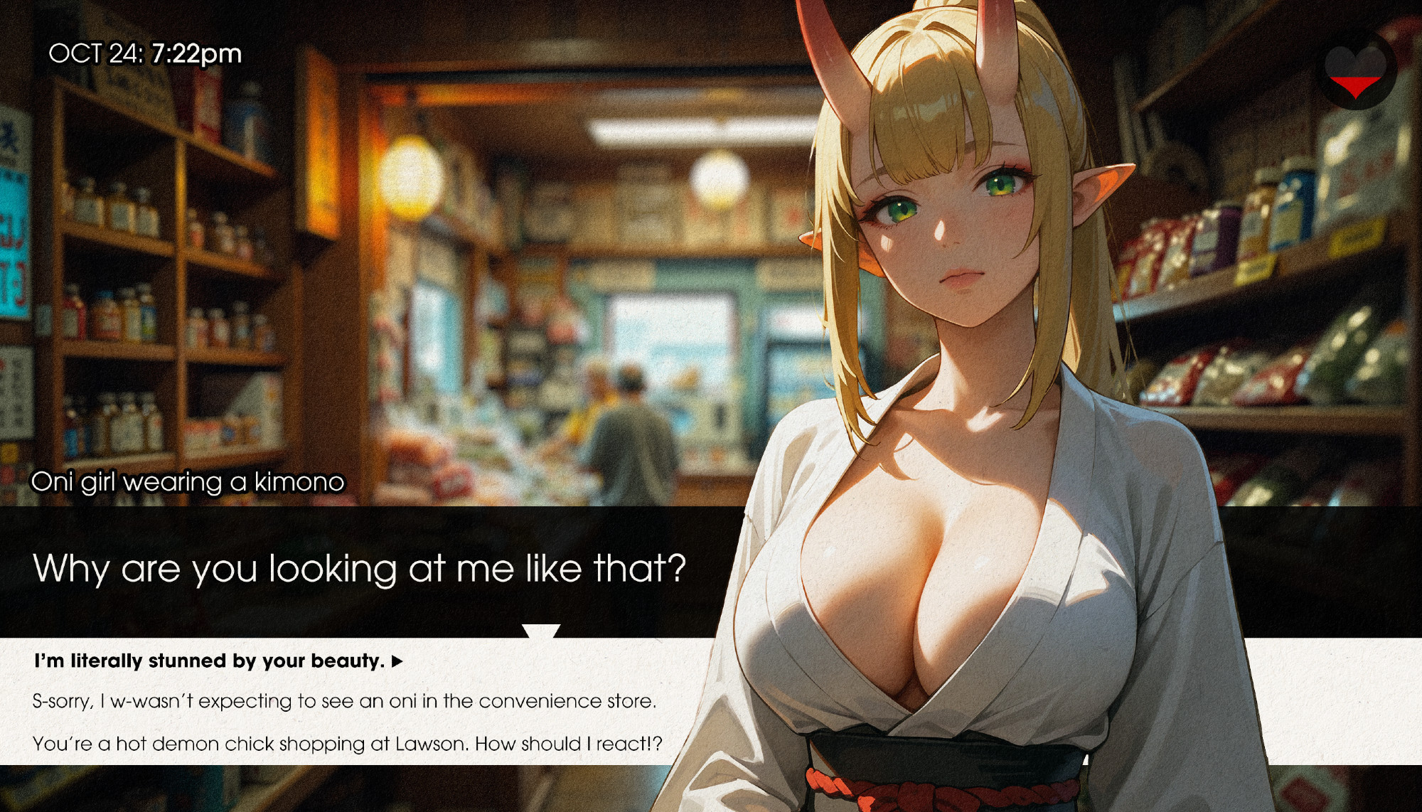 A simulated screenshot from a visual novel featuring a blonde oni girl in traditional Japanese clothes staring at you intently. The interface has a dialog box that displays the text "Why are you looking at me like that?" There are three choices to respond to the question. The first one is flirting, the second is shy, and the third is sarcastic. An indicator for affection is in the upper right and it is about half-full. A clock in the upper left says: OCT 24: 7:22pm