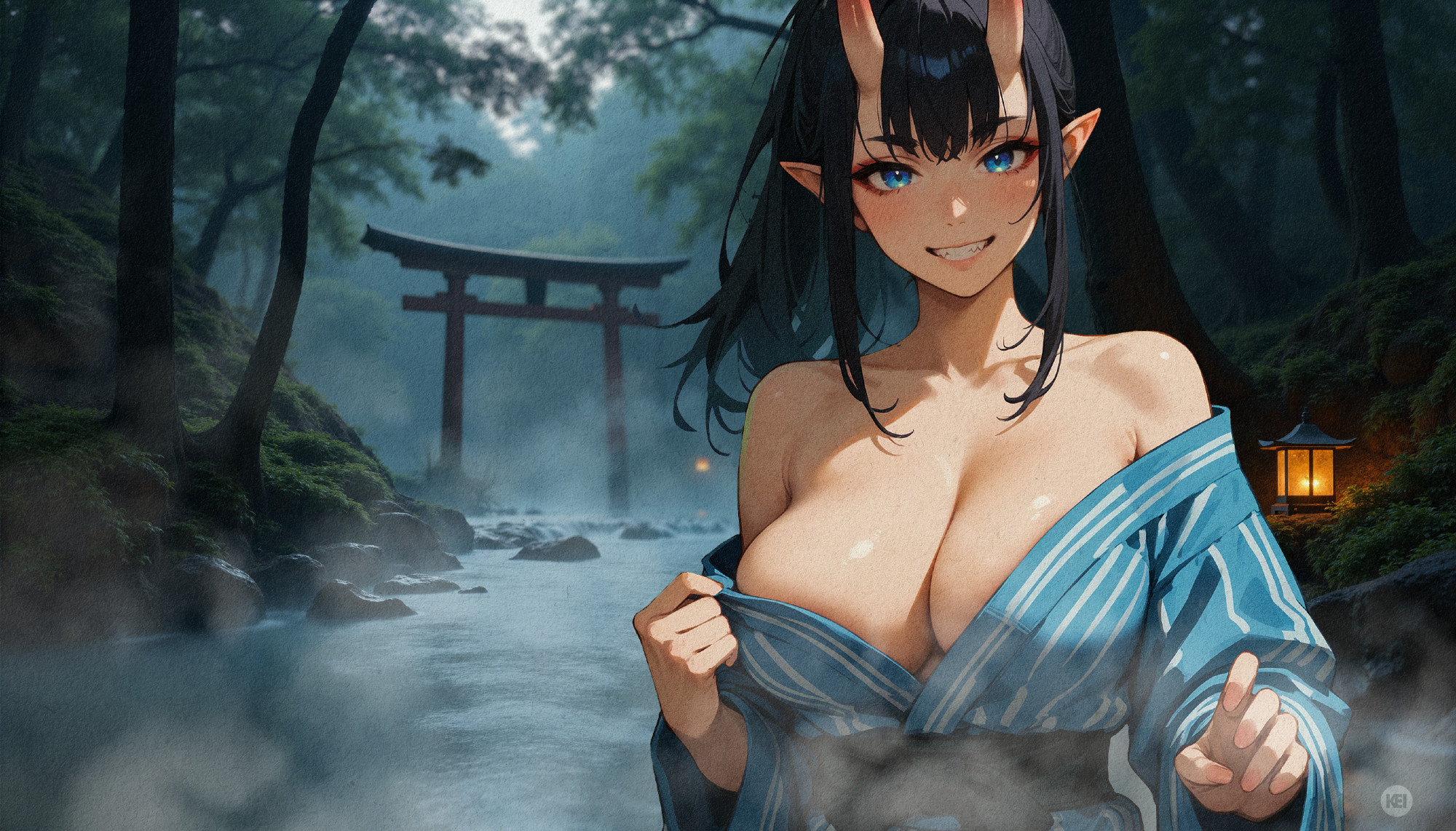 A simulated screenshot from a visual novel featuring a black-haired oni girl in traditional Japanese clothes staring at you intently.