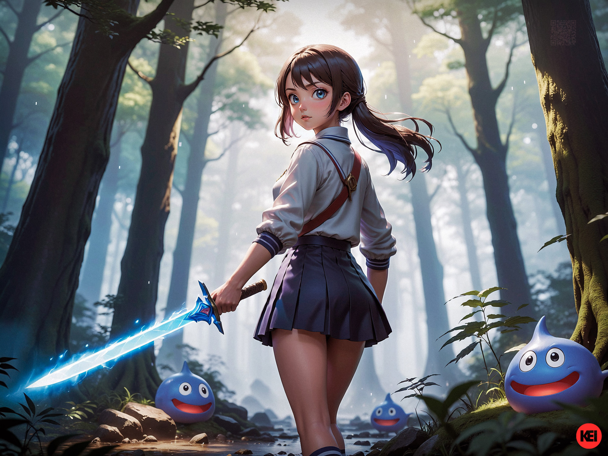 A young girl wielding a glowing sword in a mysterious forest, set upon by a trio of smiling blue slimes.