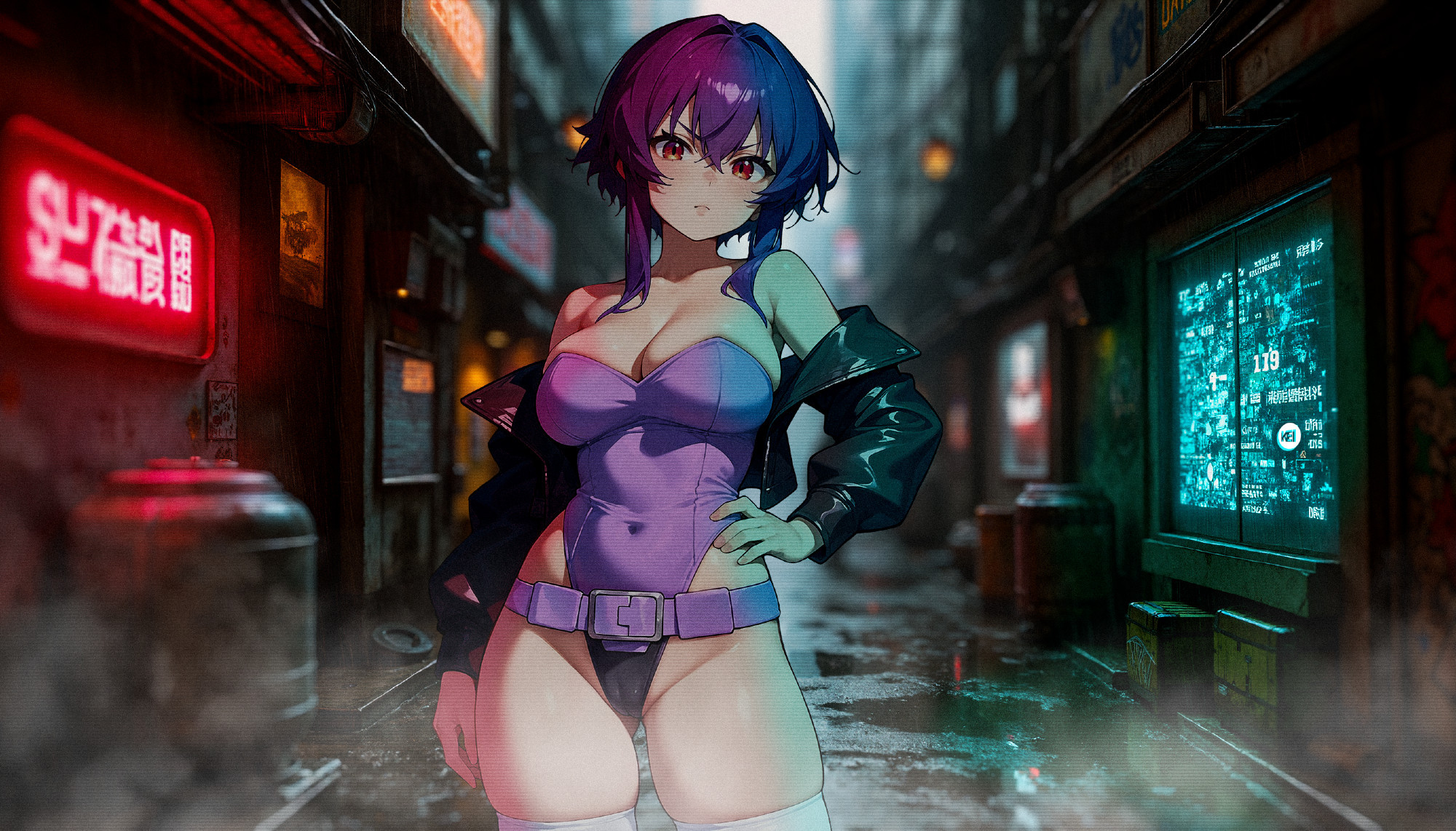 Major Motoko Kusanagi (SAC ver.) in her signature light purple leotard (with belt) and black leather motorcycle jacket - staring at the viewer with distrust, a hand on her hip, in a steamy, neon-soaked cyberpunk back alley.